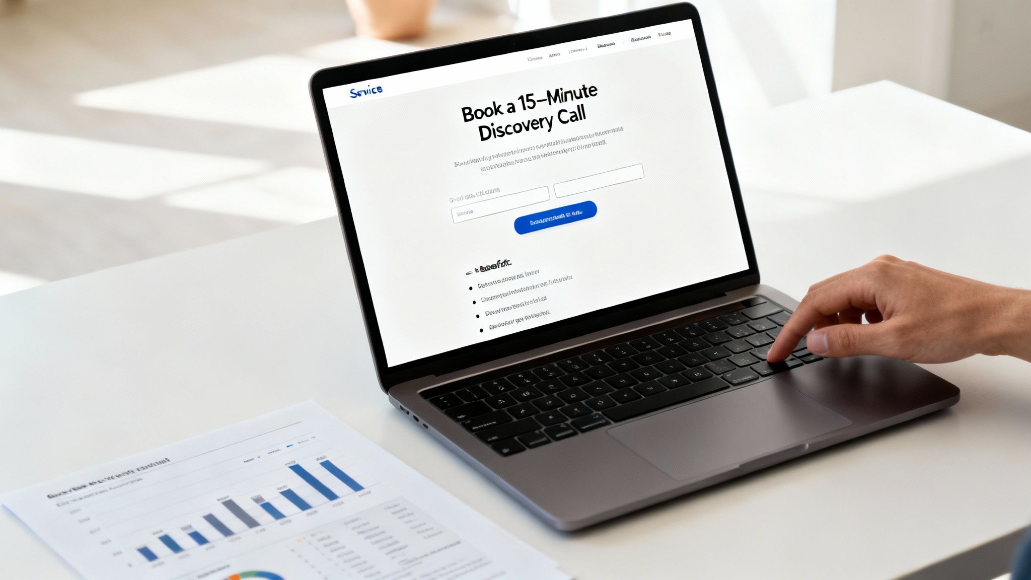 A professional working on a laptop, with charts and graphs on the screen indicating lead generation and business growth.