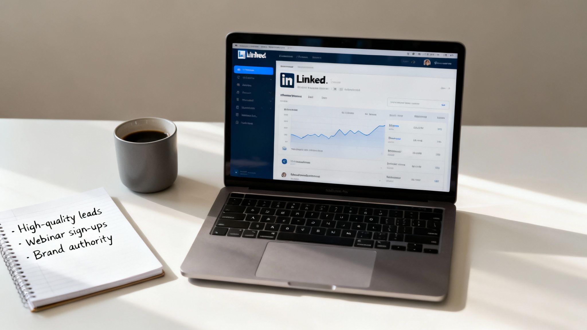 A laptop displaying LinkedIn analytics, a coffee cup, and a notebook with marketing goals on a desk.