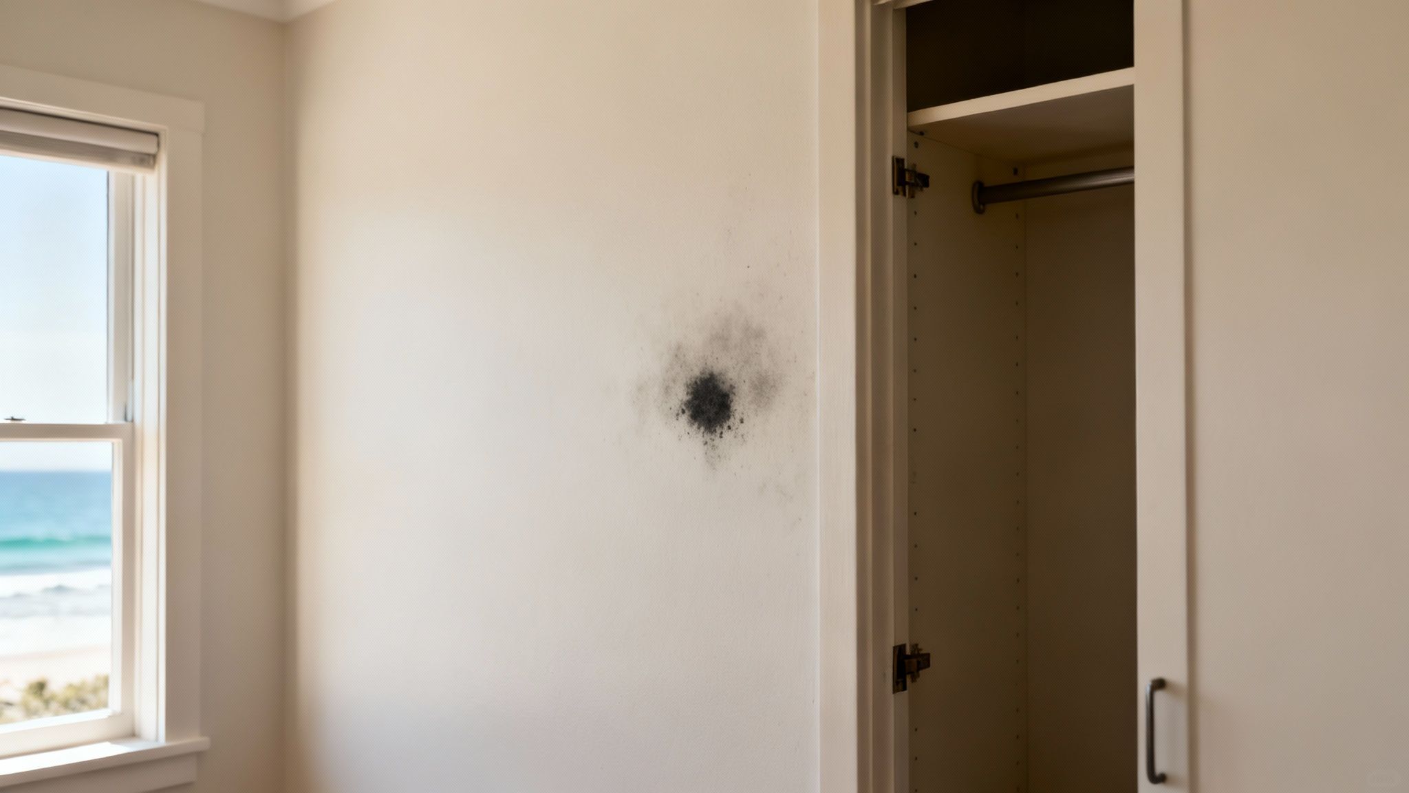 Close-up of black mould growing in the corner of a damp room.