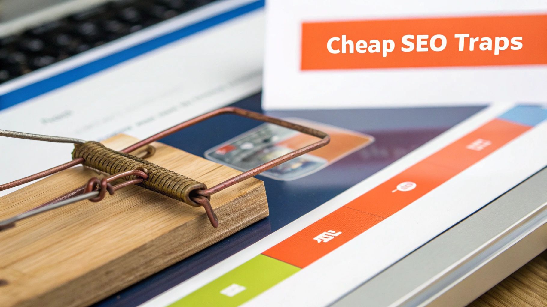 A magnifying glass hovering over a computer screen, highlighting red flags in a cheap SEO offer.