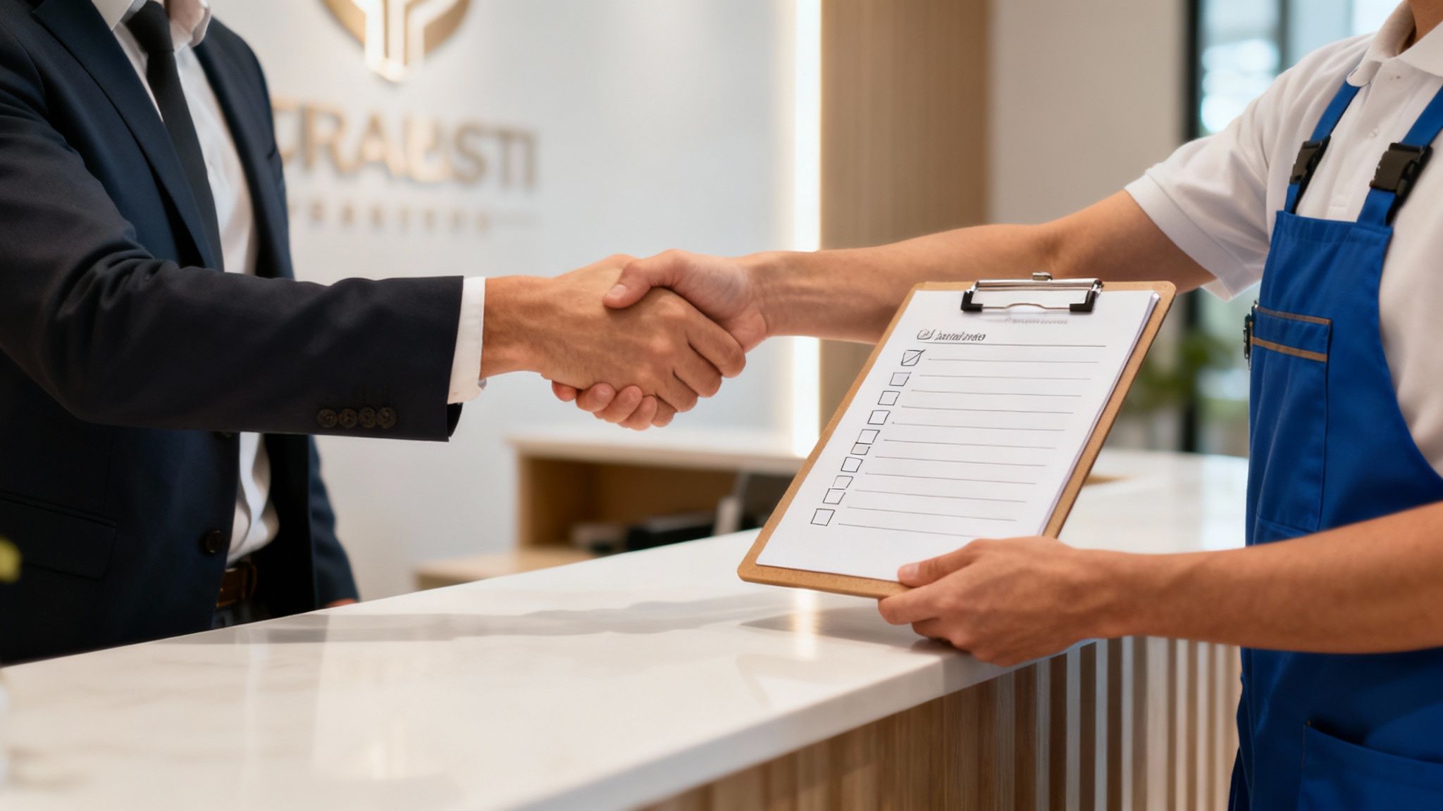A person making a final decision while reviewing commercial cleaning provider options on a laptop in a Newcastle office.
