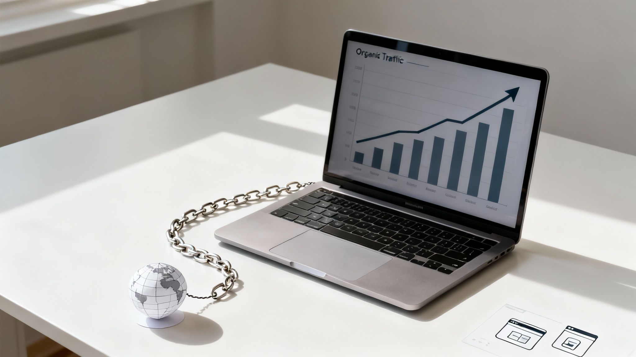 A laptop displays an organic traffic graph, chained to a paper globe on a white desk.
