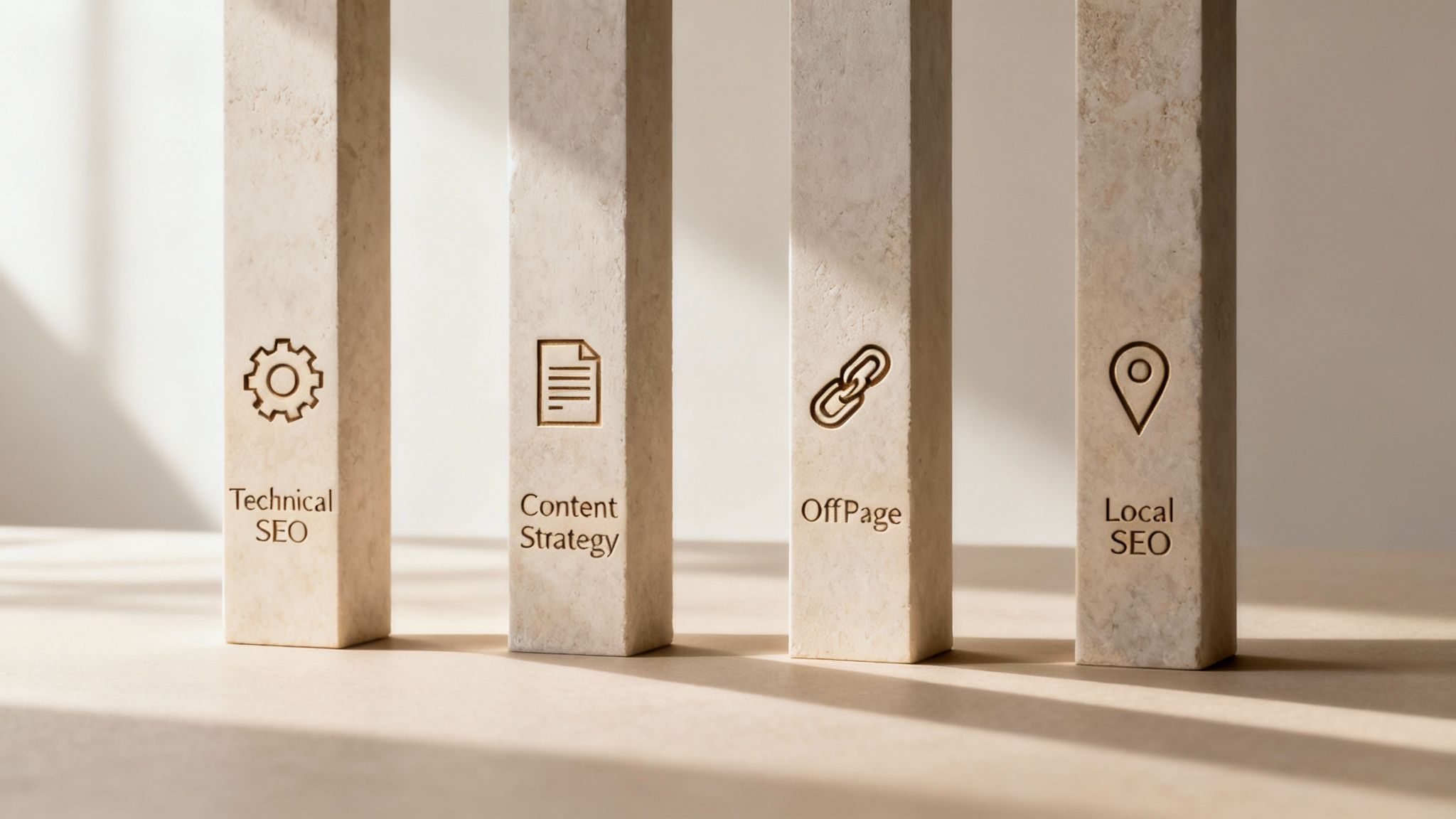 Four stone pillars with engraved icons and text representing different aspects of SEO: Technical, Content, Off-Page, and Local SEO.