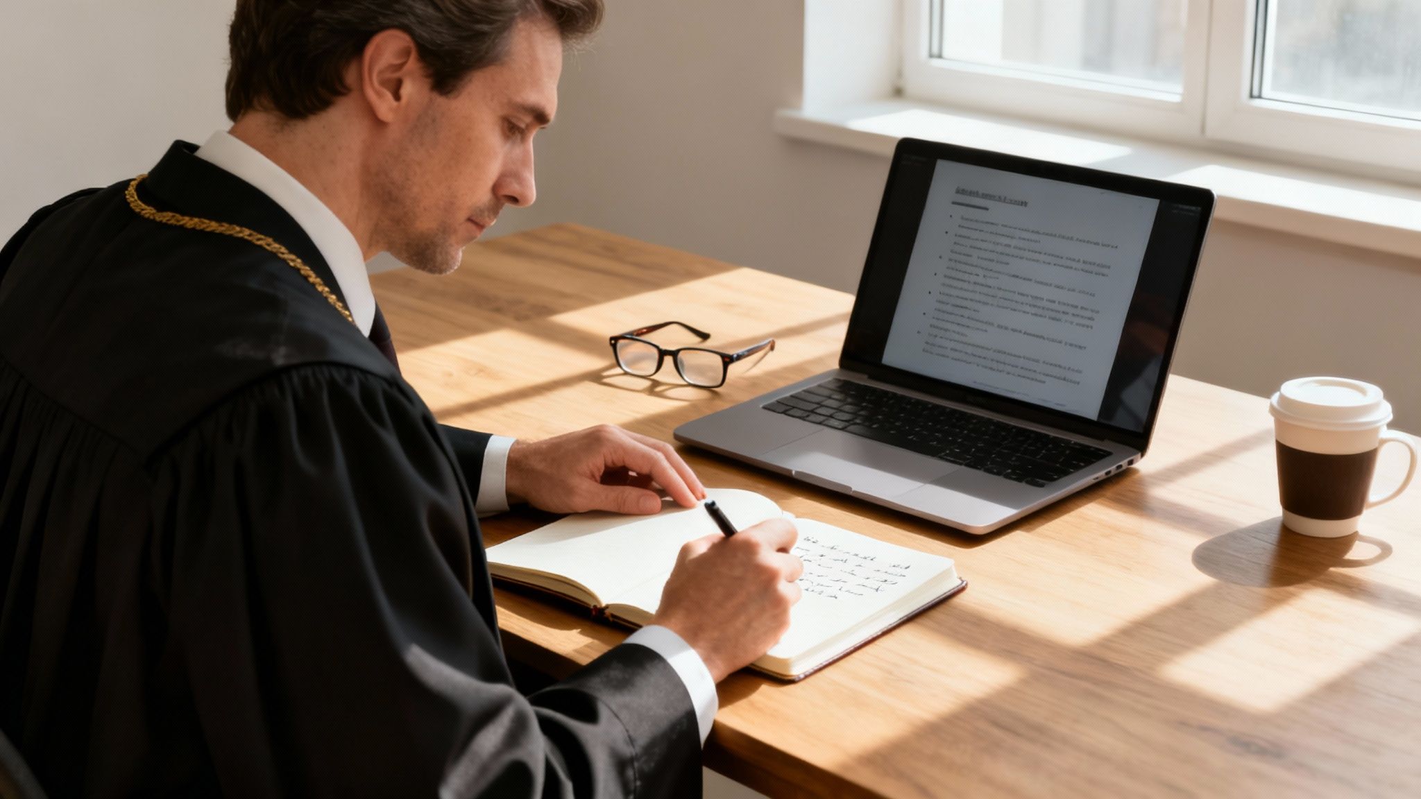 Professional man in a judicial robe diligently writing notes at a desk with a laptop and coffee.