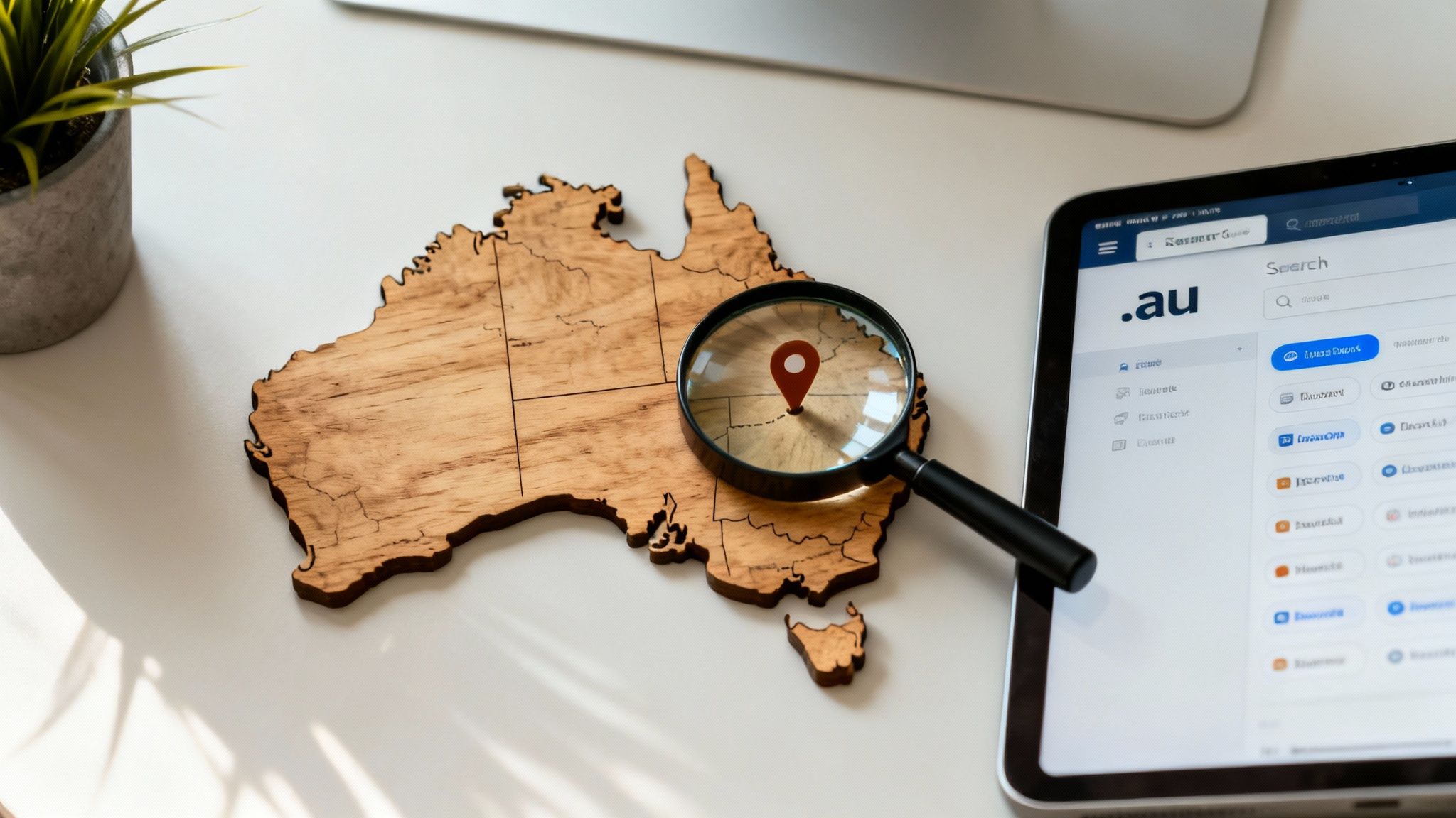 Magnifying glass on a wooden map of Australia with a location pin, beside a tablet showing a .au search page.