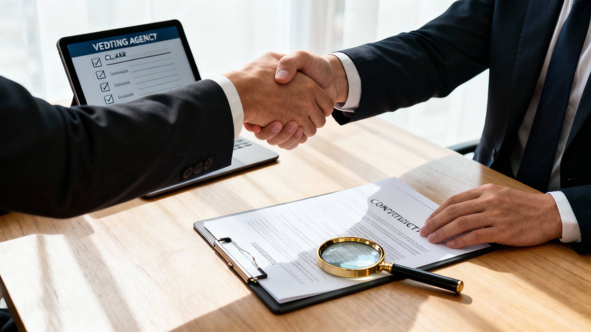 Two businessmen in suits shaking hands across a table with a laptop and contract document.