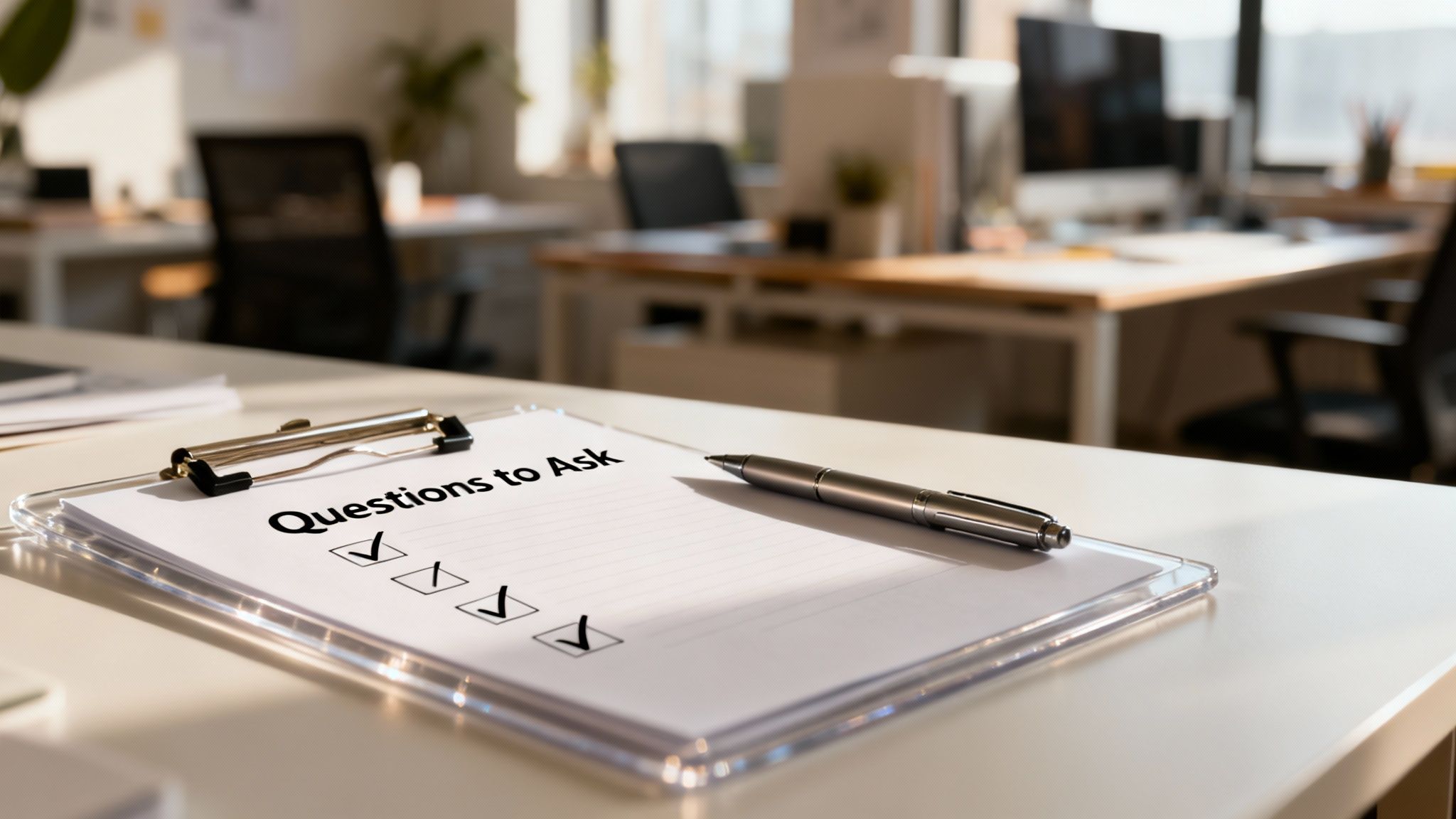 A clipboard with "Questions to Ask" and marked checkboxes, alongside a pen on an office desk.