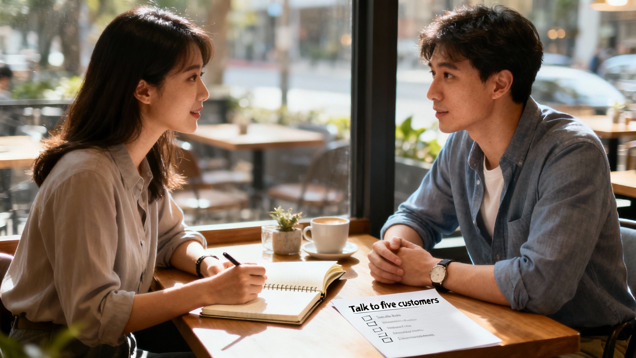 Two professionals conducting user research interview at cafe with notebook and customer feedback checklist