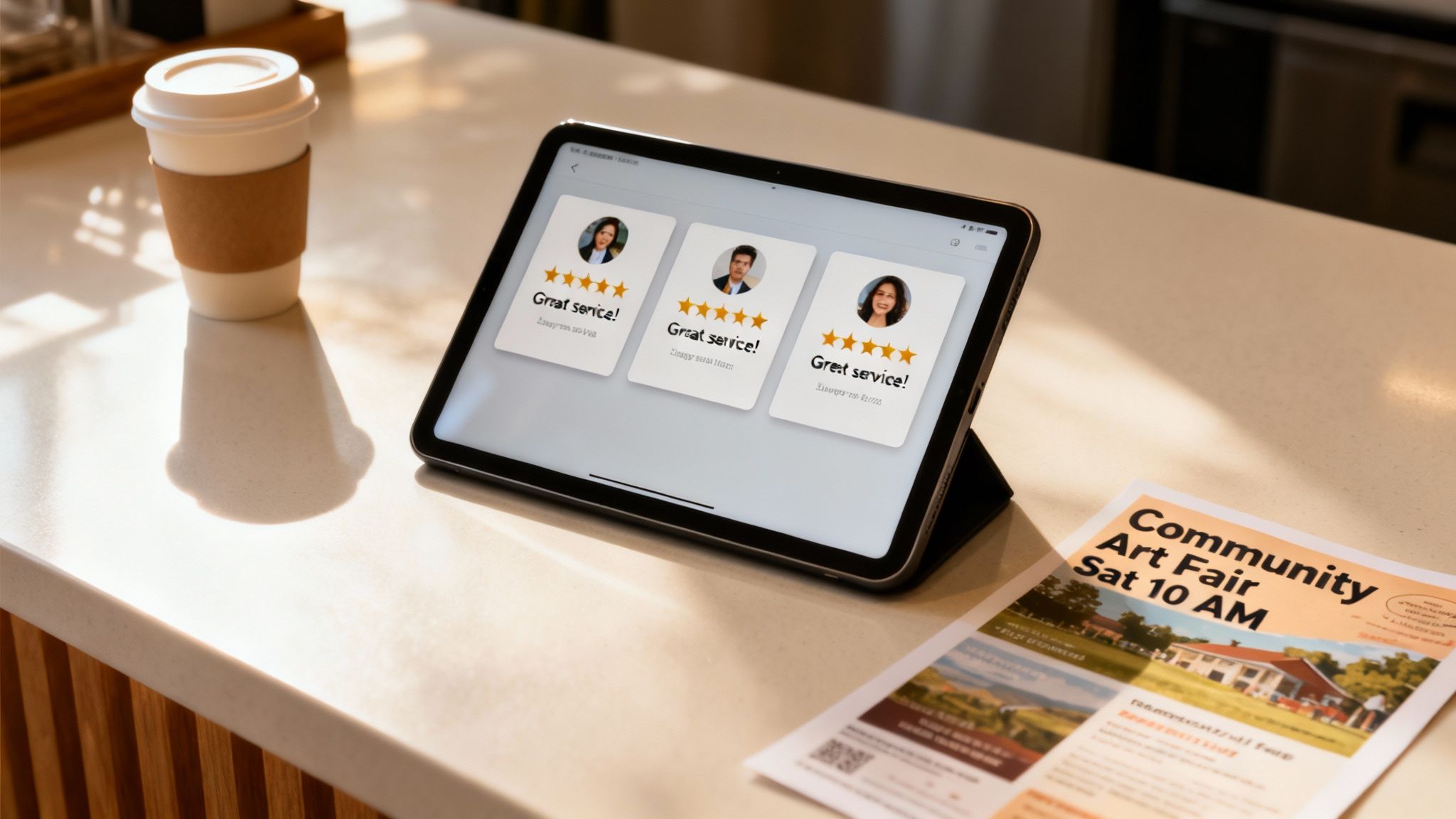 Tablet displaying customer reviews, coffee cup, and a business flyer on a light-colored counter.