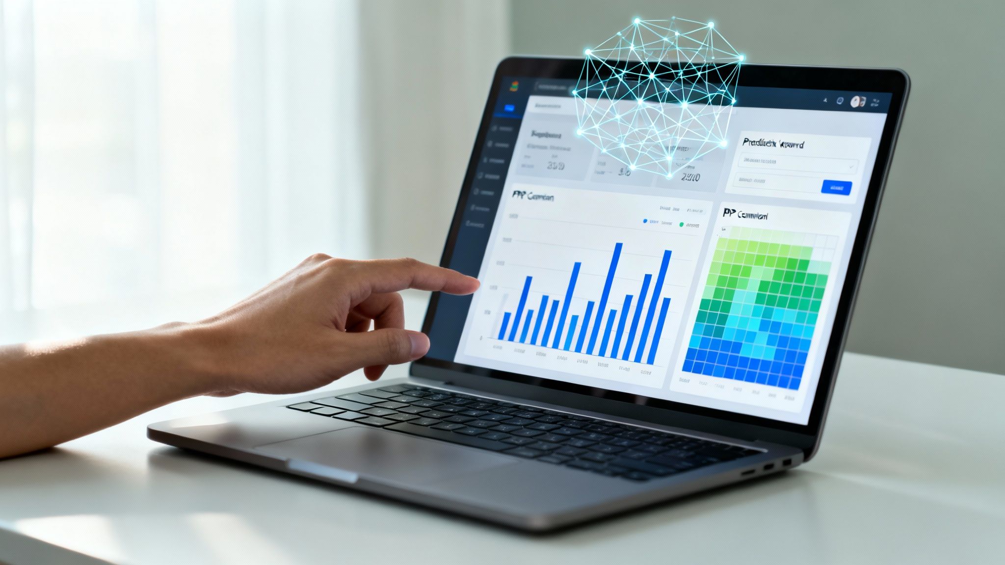 A hand touches a laptop screen displaying various data charts, graphs, and a glowing network cube.