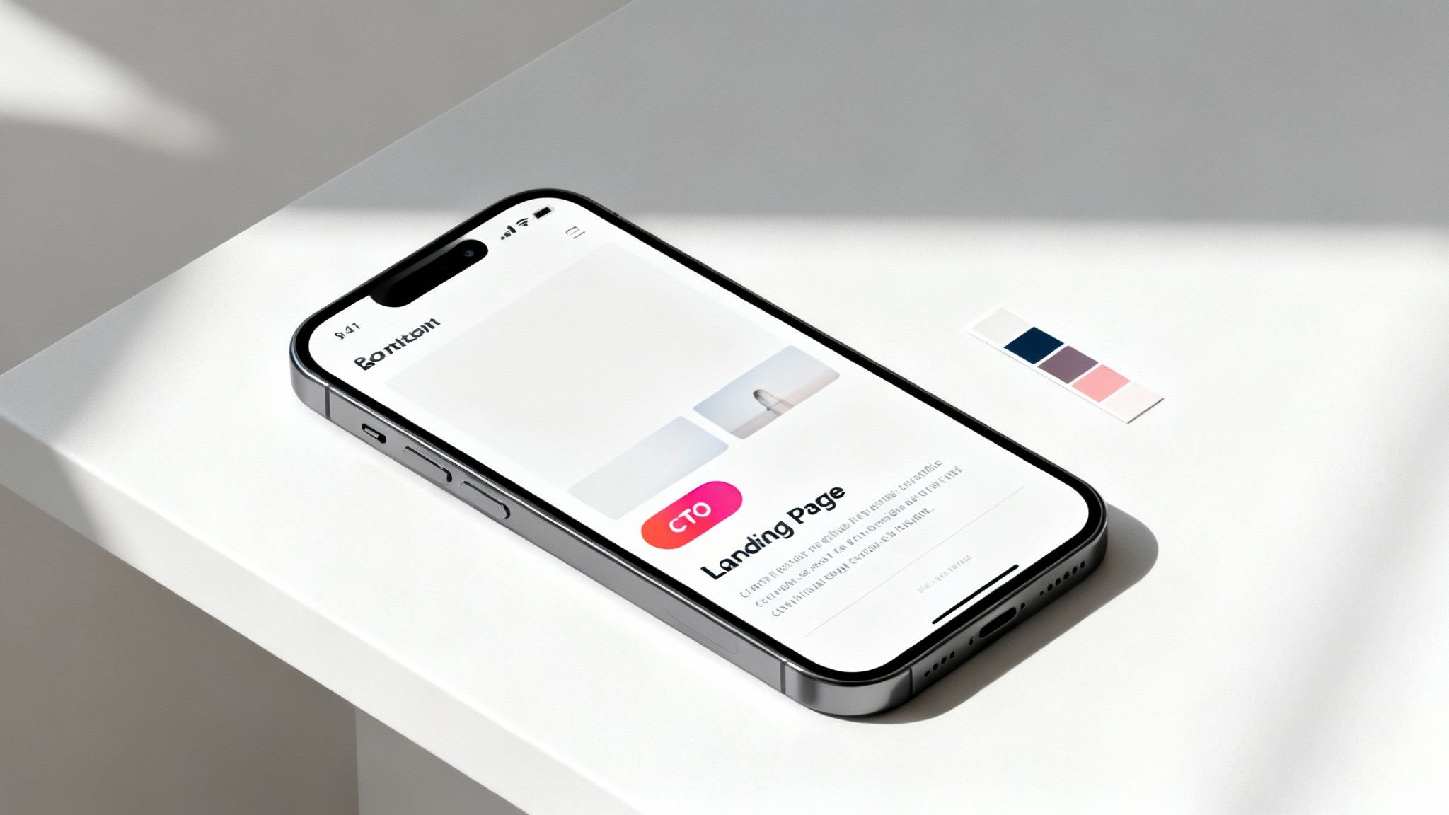 iPhone displaying a landing page design with a 'CTO' button, image placeholders, and a color palette.