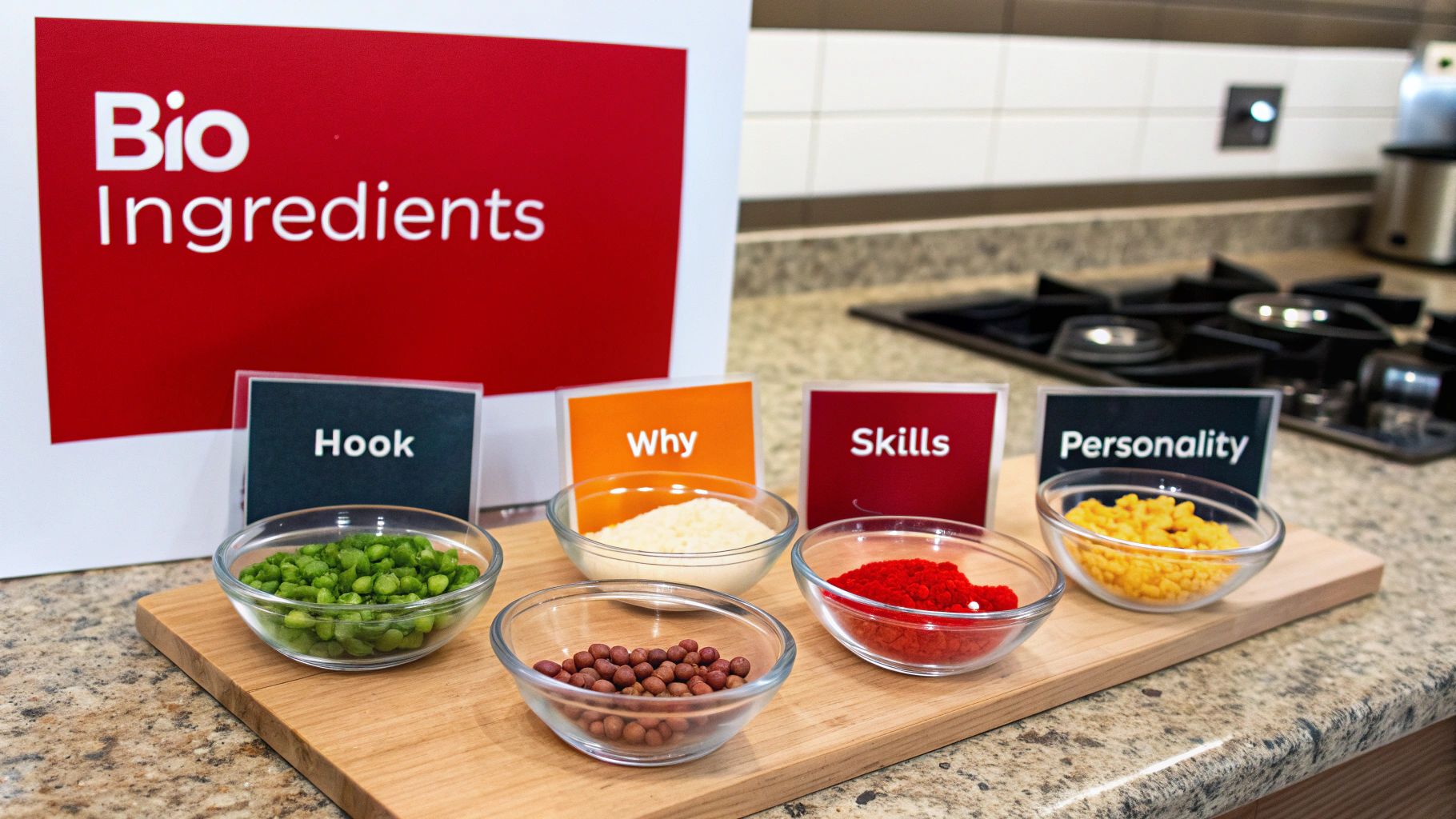 A chef carefully arranging ingredients on a cutting board, representing the different parts of a bio.