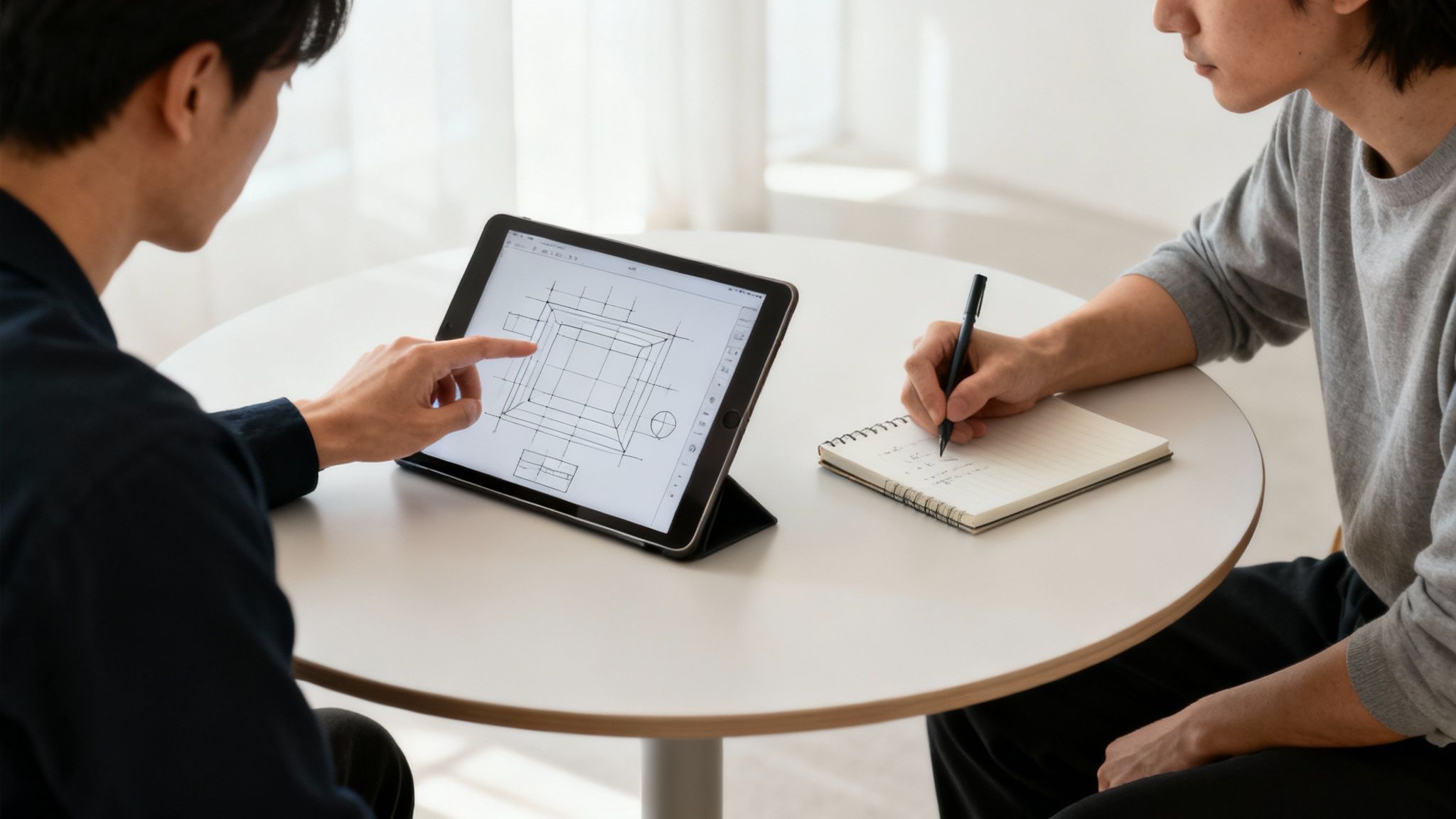 Two men collaborating on a digital design on a tablet, with one taking notes in a notebook.