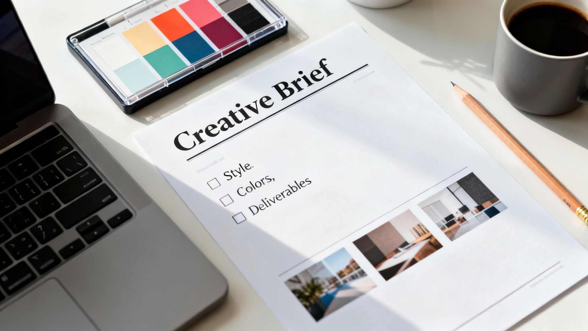 Flat lay of a creative workspace with a laptop, color palette, 'Creative Brief' document, pencil, and coffee mug.