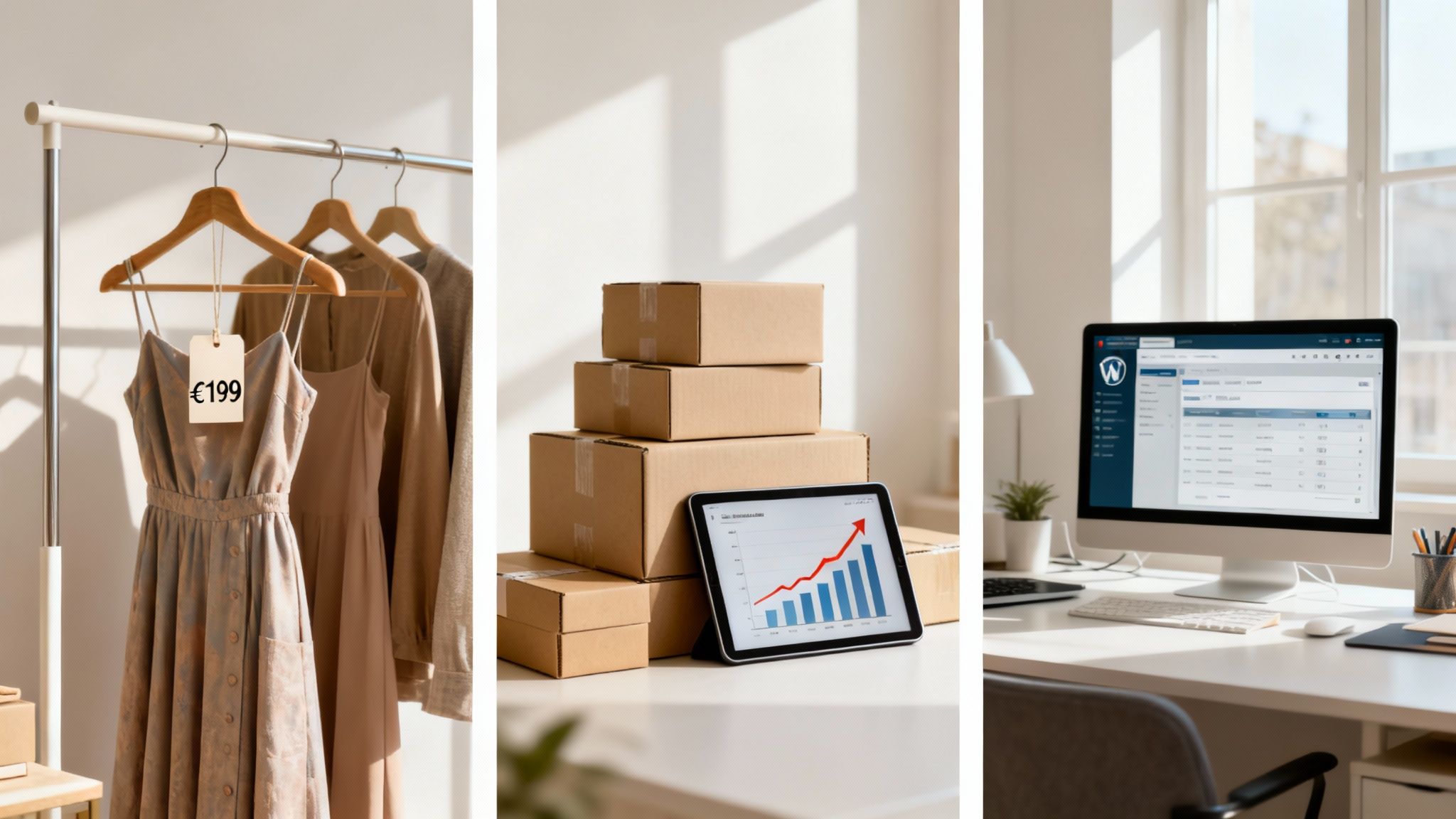 Three scenes depicting e-commerce business: retail clothing, package shipping, and online store management.