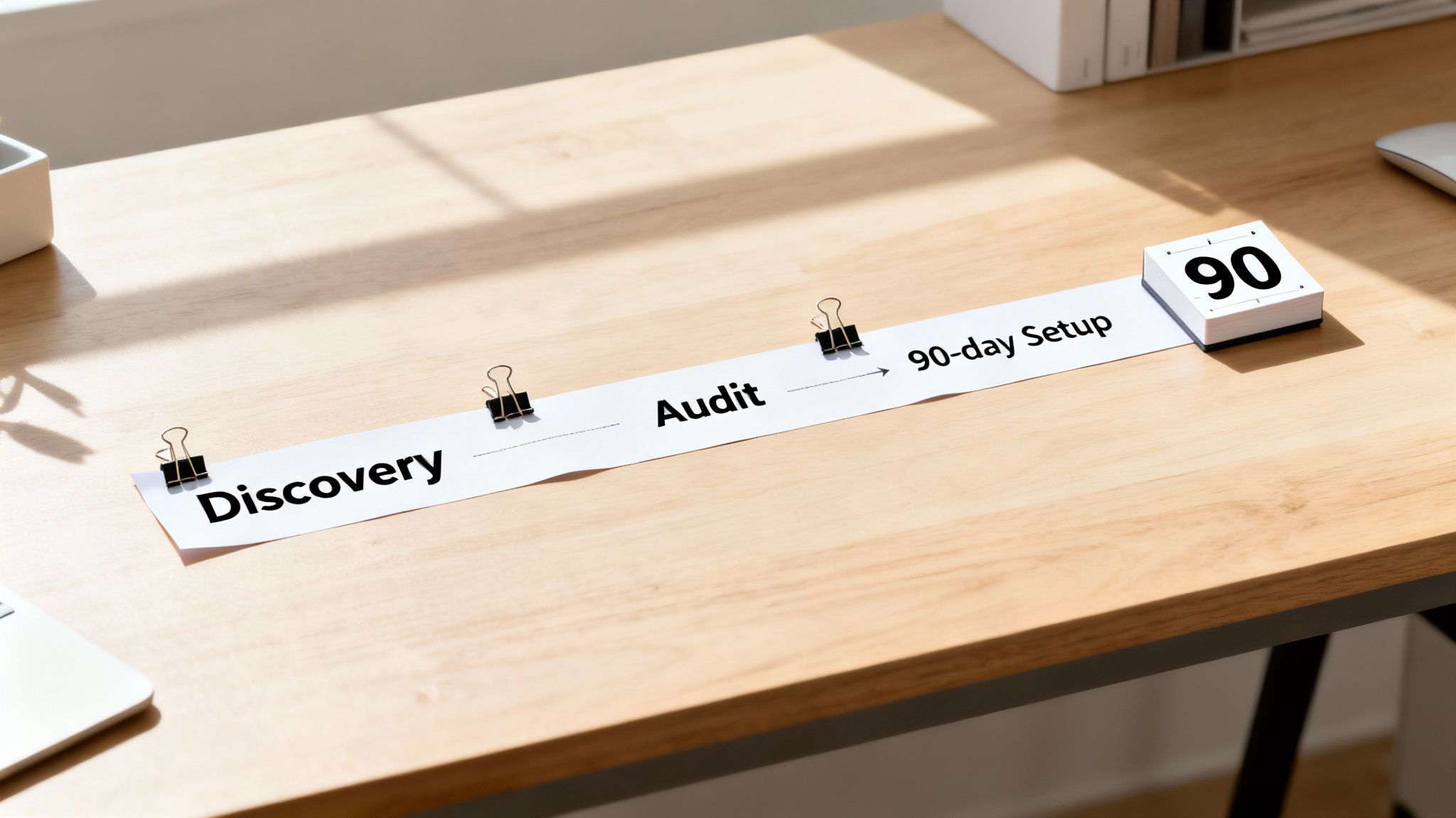 A paper strip on a wooden desk showing a business process: Discovery, Audit, and 90-day Setup.