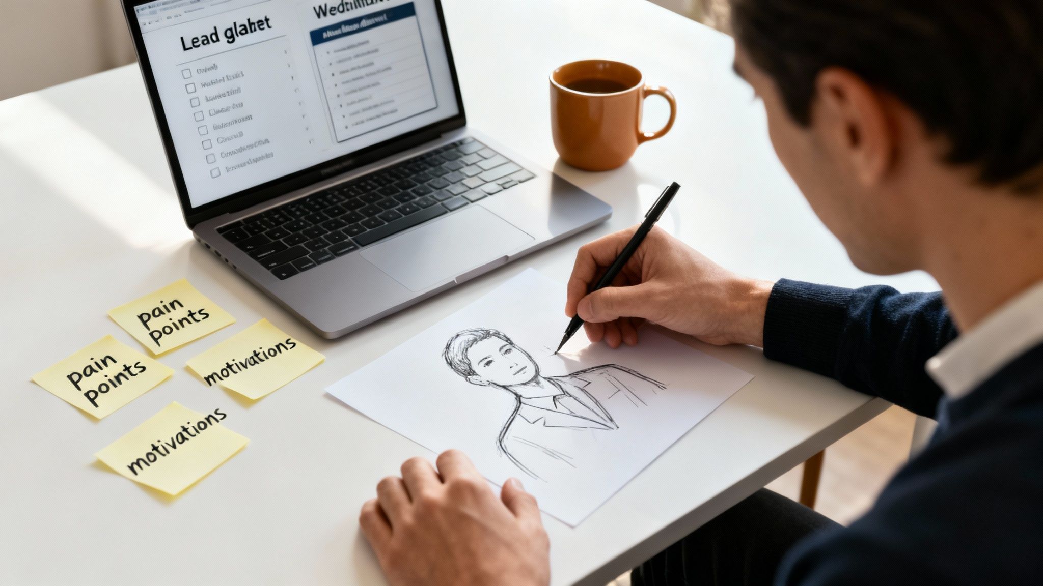 Man sketching a persona on paper with sticky notes on pain points and motivations, next to a laptop.