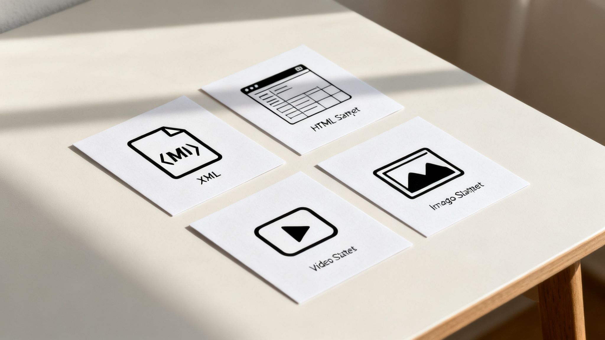 Four white cards on a table, displaying icons and text for XML, HTML, Video, and Image content snippets.
