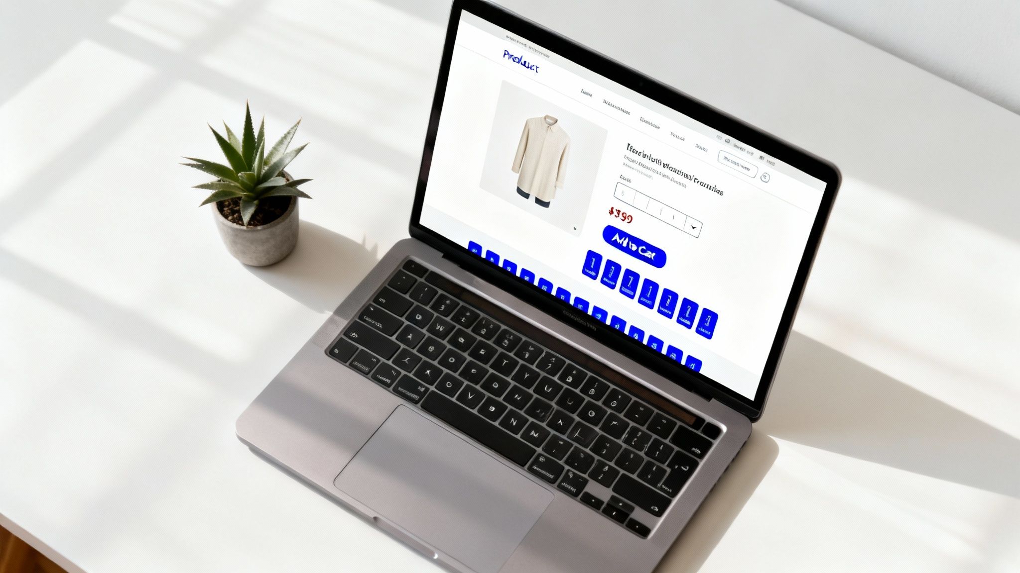 A laptop on a white desk displays an e-commerce site with a beige shirt and 'Add to Cart' button, next to a small potted plant.