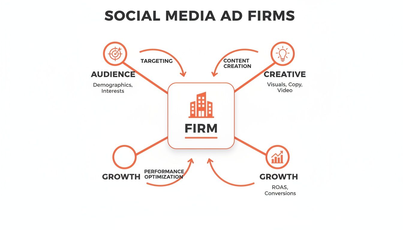 A diagram illustrating the core functions and interconnected elements of social media ad firms.