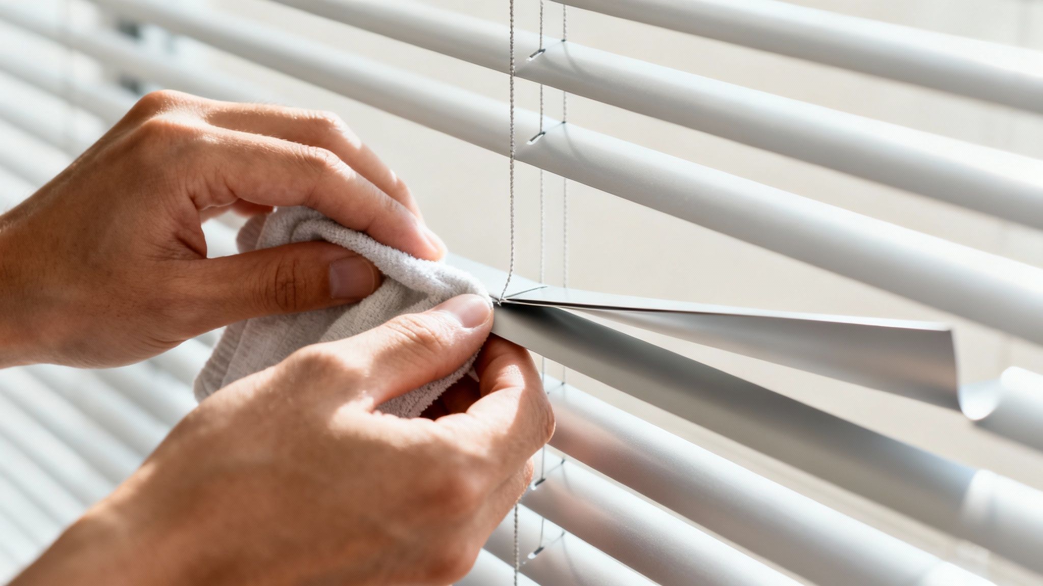 Close-up of hands wiping dust from white venetian blinds with a soft cloth.