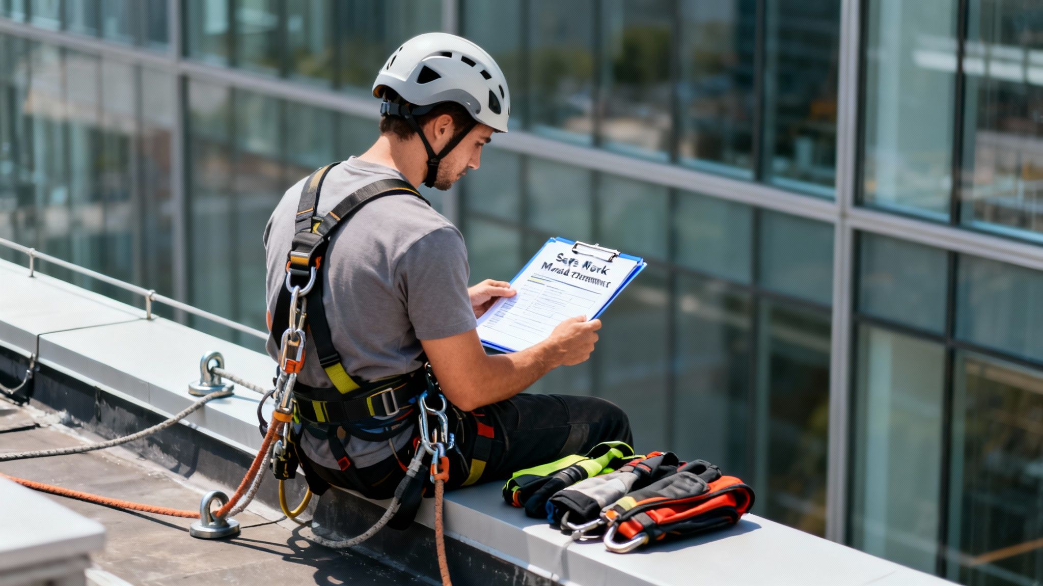 A man in safety gear on a rooftop reviews a "Safe Work" document, with ropes and equipment nearby.