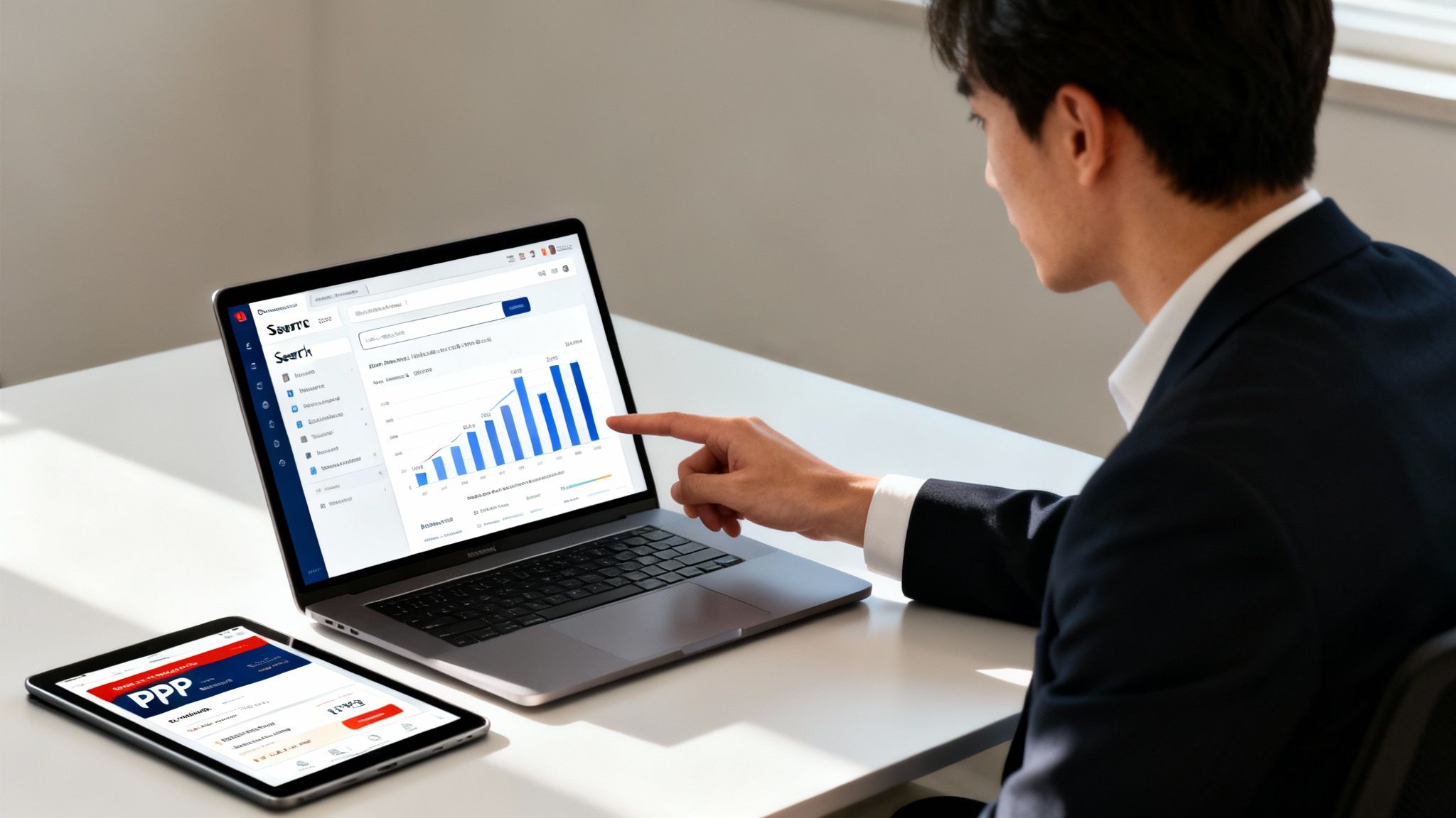 Professional man pointing at a business analytics dashboard on a laptop with a tablet nearby.