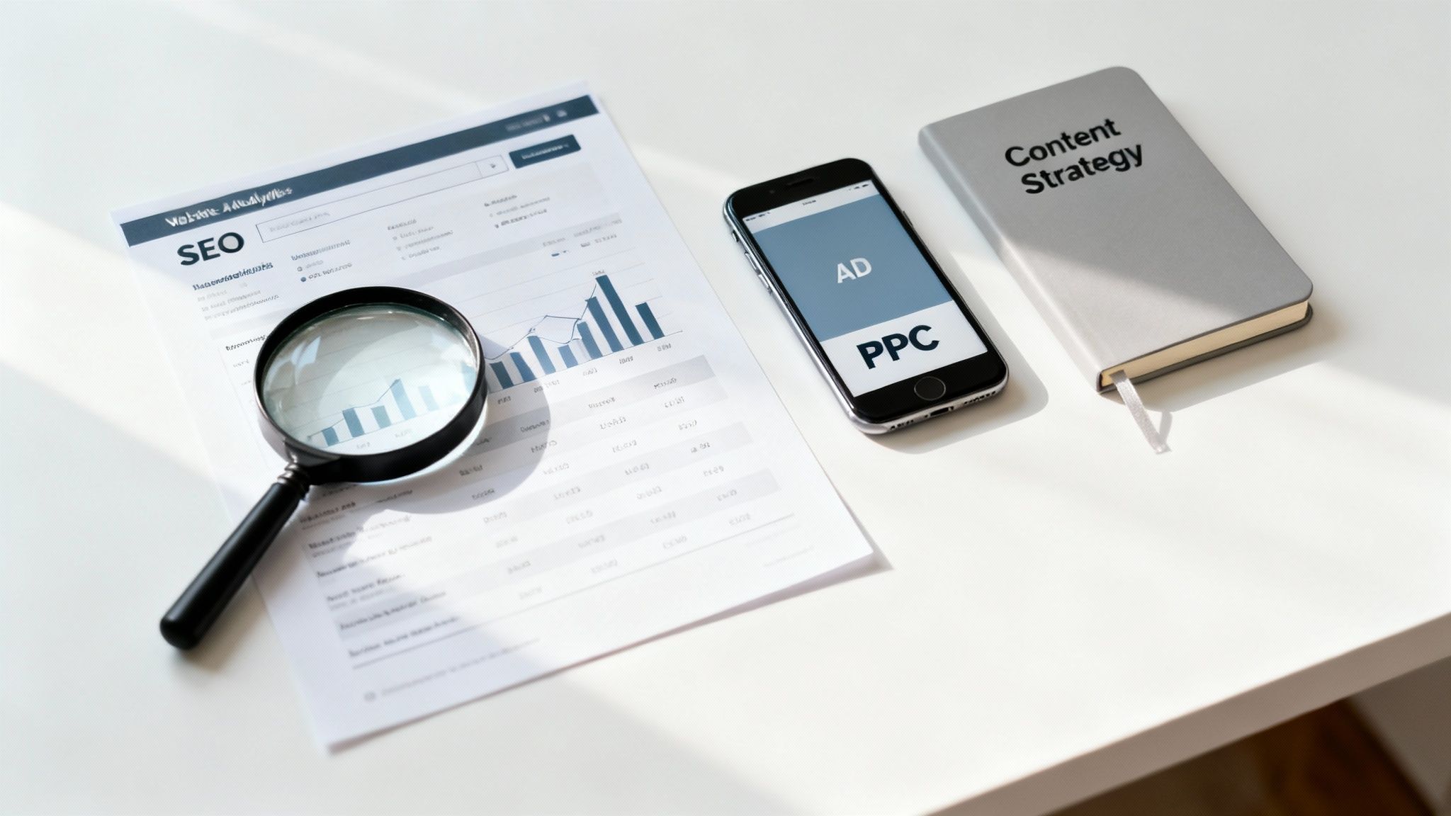 A digital marketing consultant presenting a growth chart to a client, with various marketing channel icons floating around them.
