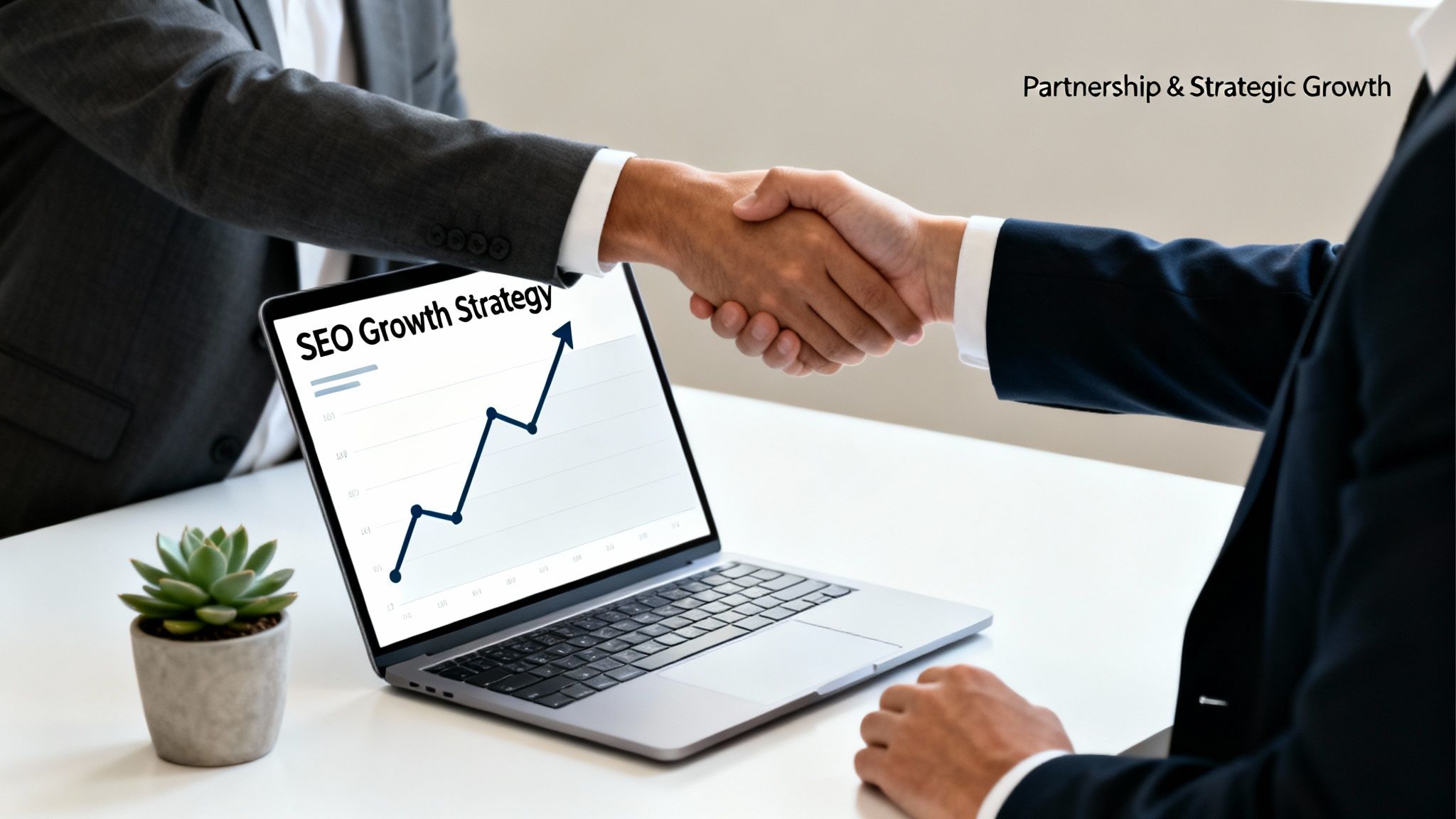 Two businessmen shaking hands over a laptop showing an SEO growth strategy graph.