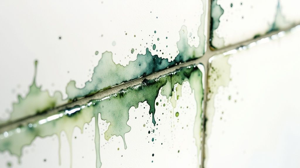 Damp mould patch on a white wall.