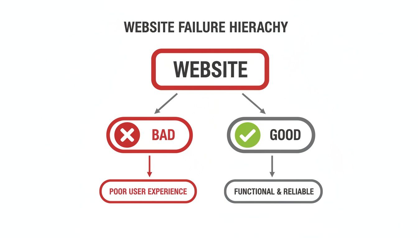 Flowchart illustrating website quality hierarchy: bad sites lead to poor user experience, good sites are functional and reliable.