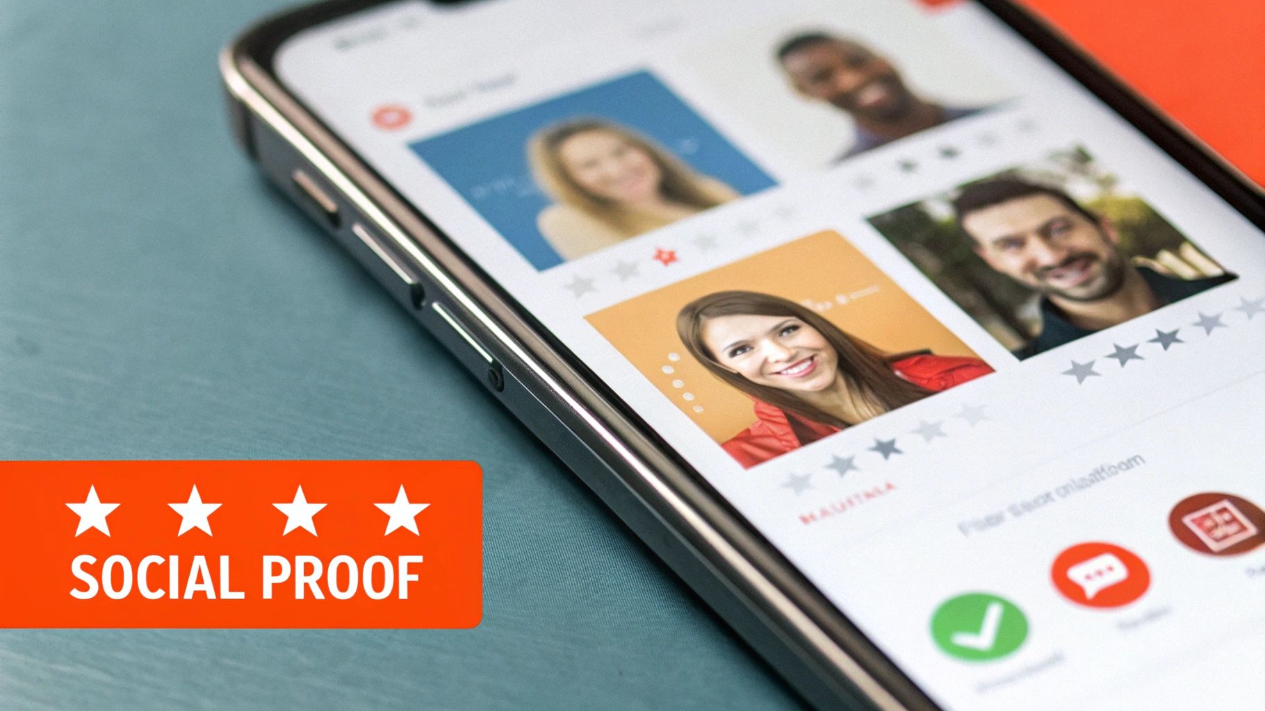 A five-star rating with customer icons, symbolising trust and social proof in advertising.