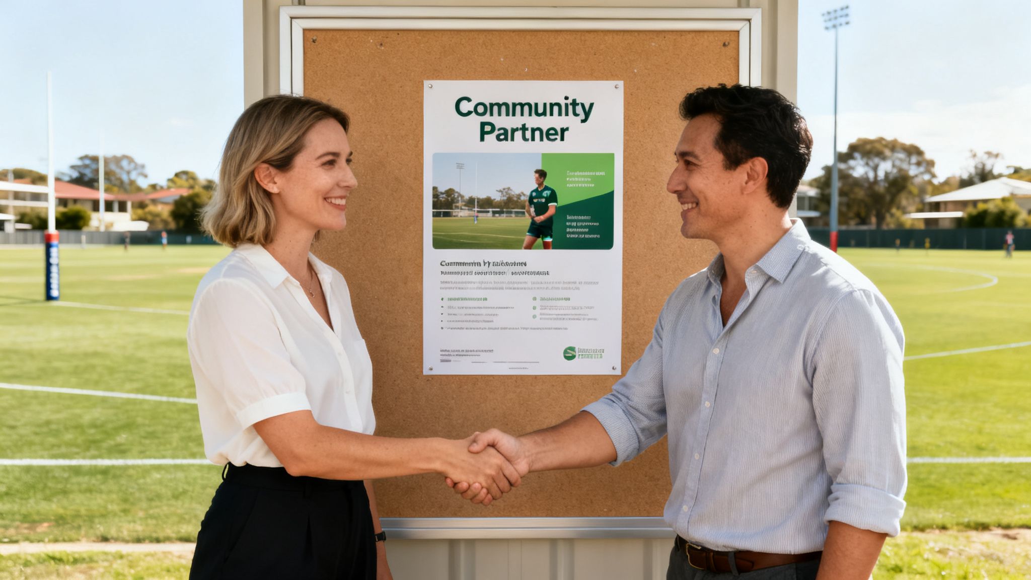 Smiling woman and man shaking hands near a 'Community Partner' board at a sports ground.