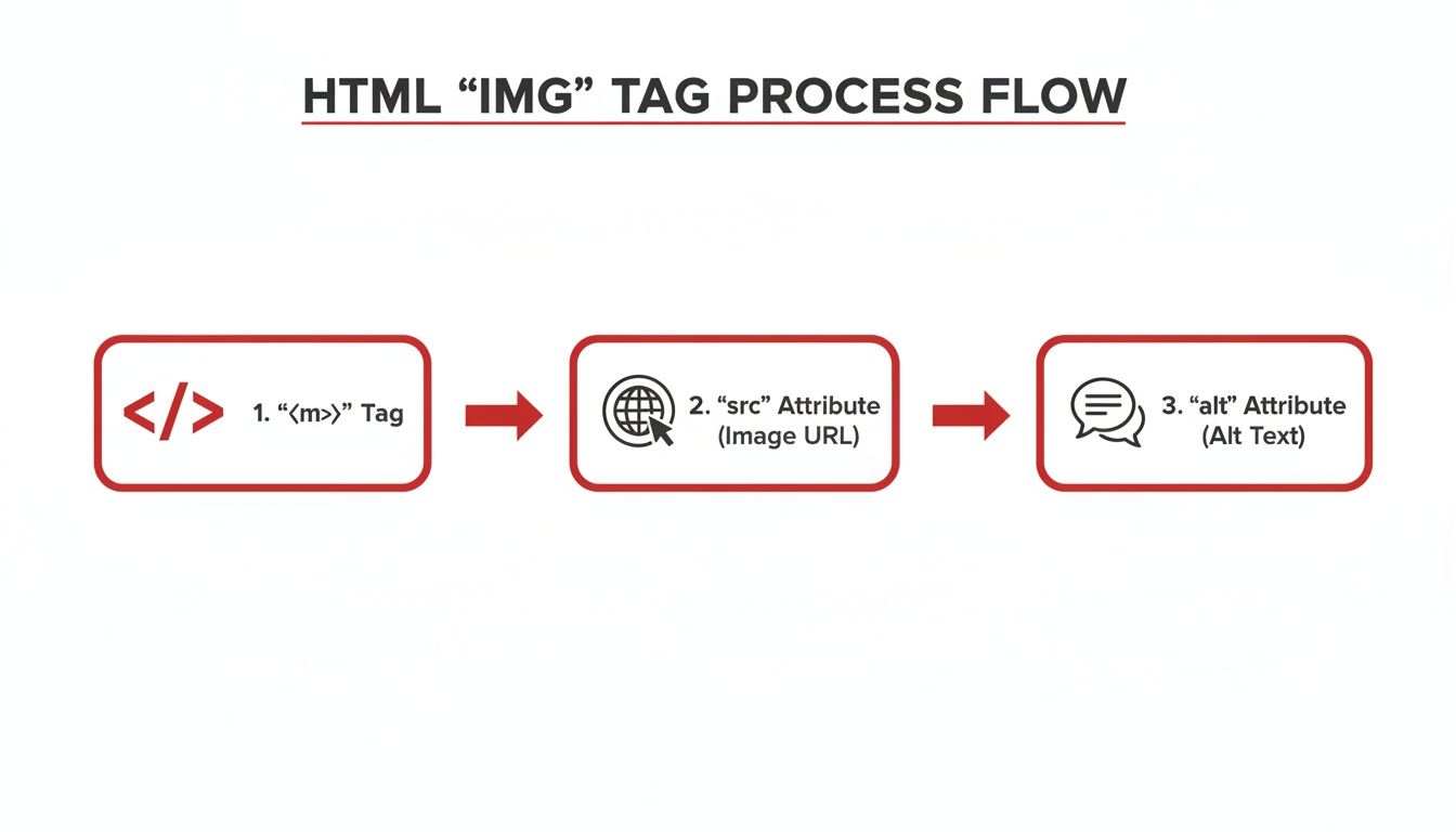 Flowchart detailing the HTML `<img>` tag process: tag, src attribute (image URL), and alt attribute (alt text).