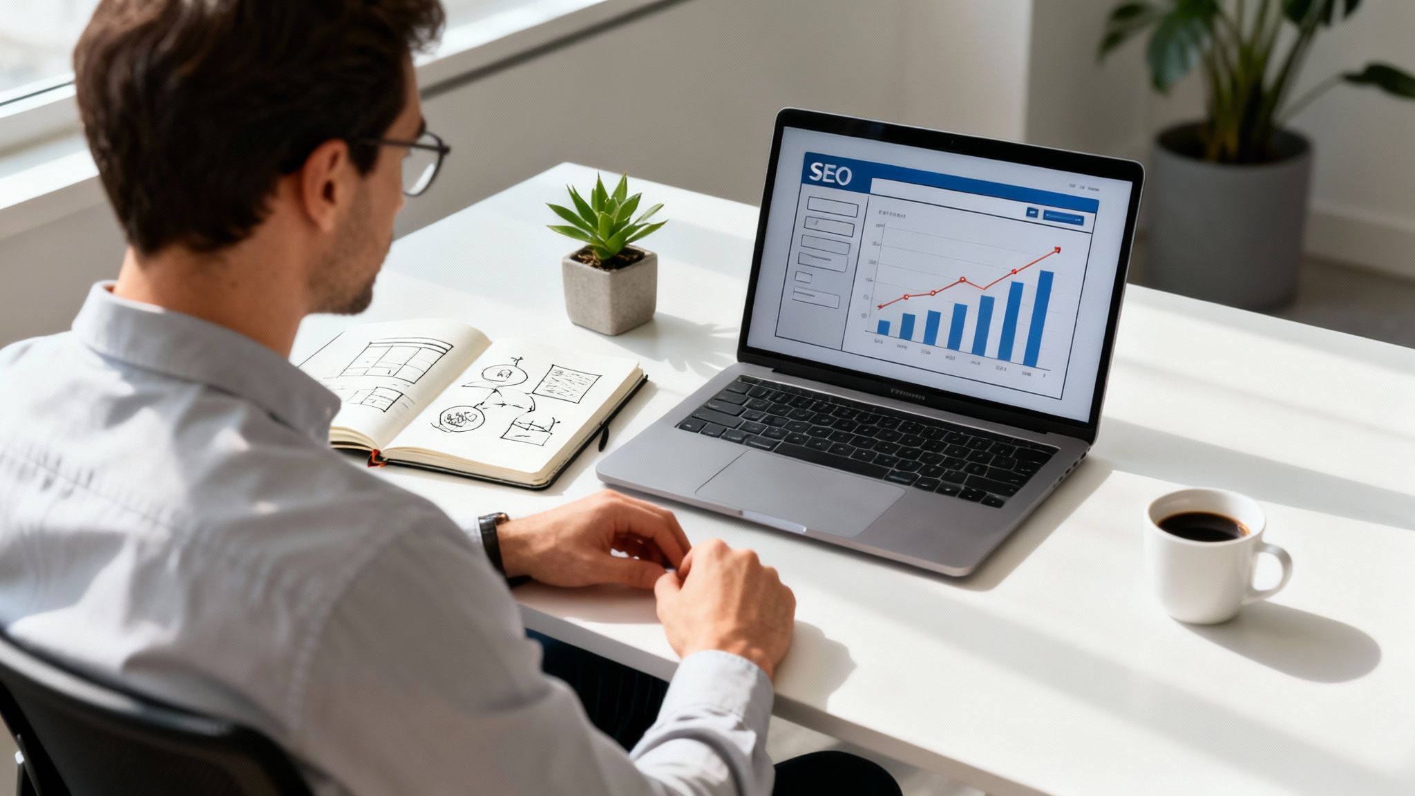 Man with glasses reviewing SEO data on a laptop and notes in a notebook at a white desk.