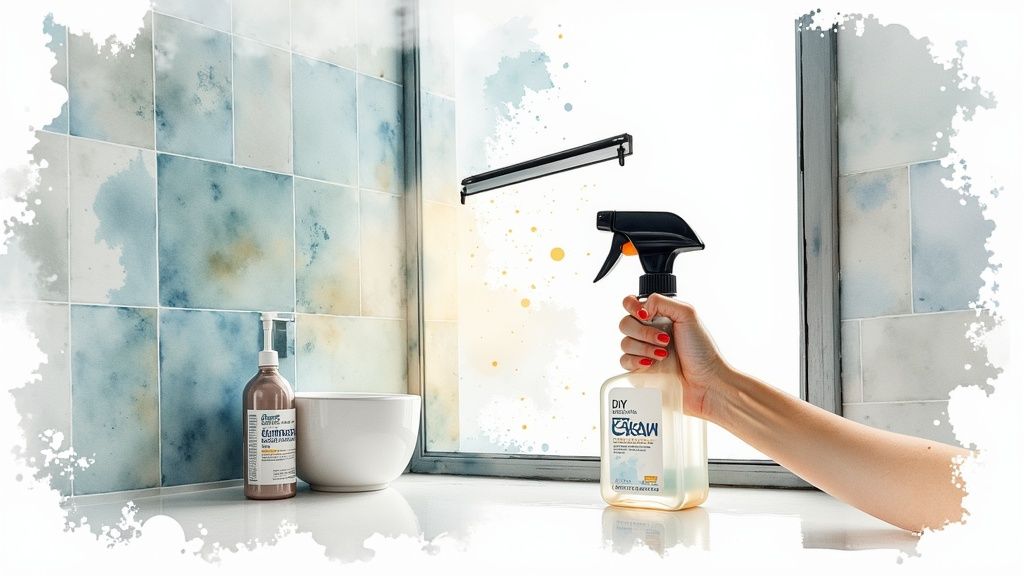 A person using a squeegee to wipe down a clean shower screen after use.