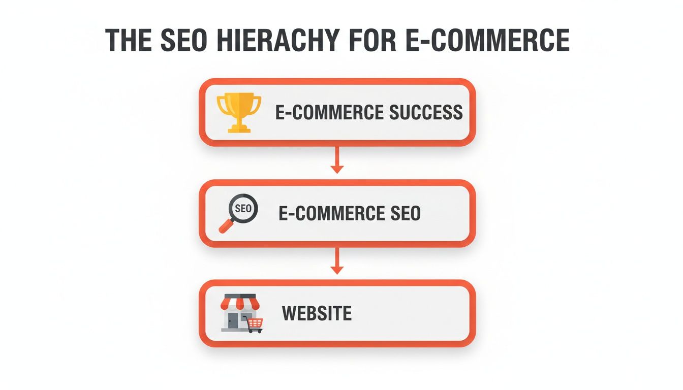 A hierarchy diagram showing E-commerce Success at the top, supported by E-commerce SEO, which is built upon a Website.