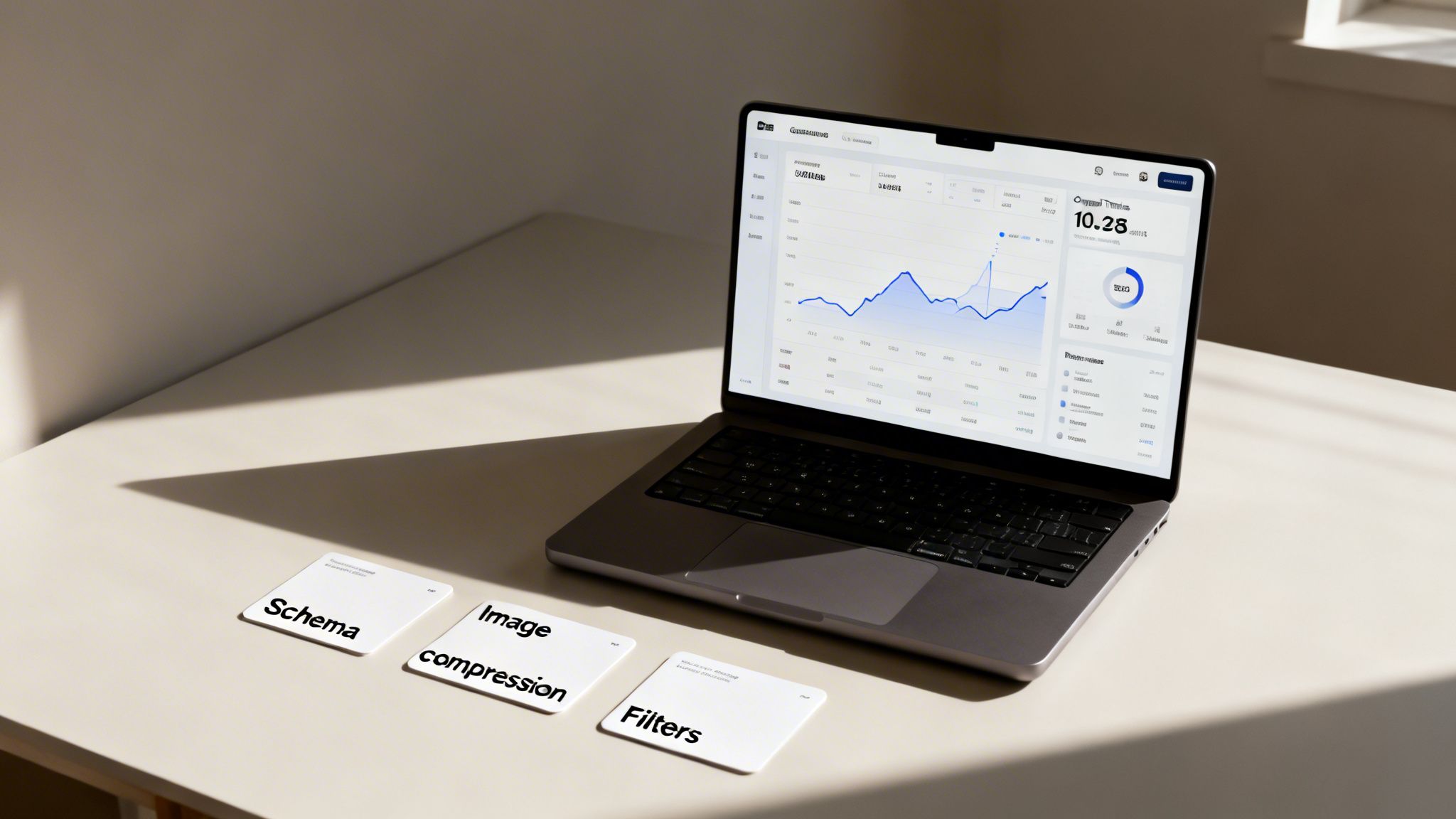 Laptop displaying data graphs and charts alongside cards reading 'Schema', 'Image compression', and 'Filters'.