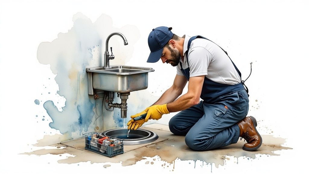A professional cleaner in safety gear cleaning a commercial kitchen exhaust system