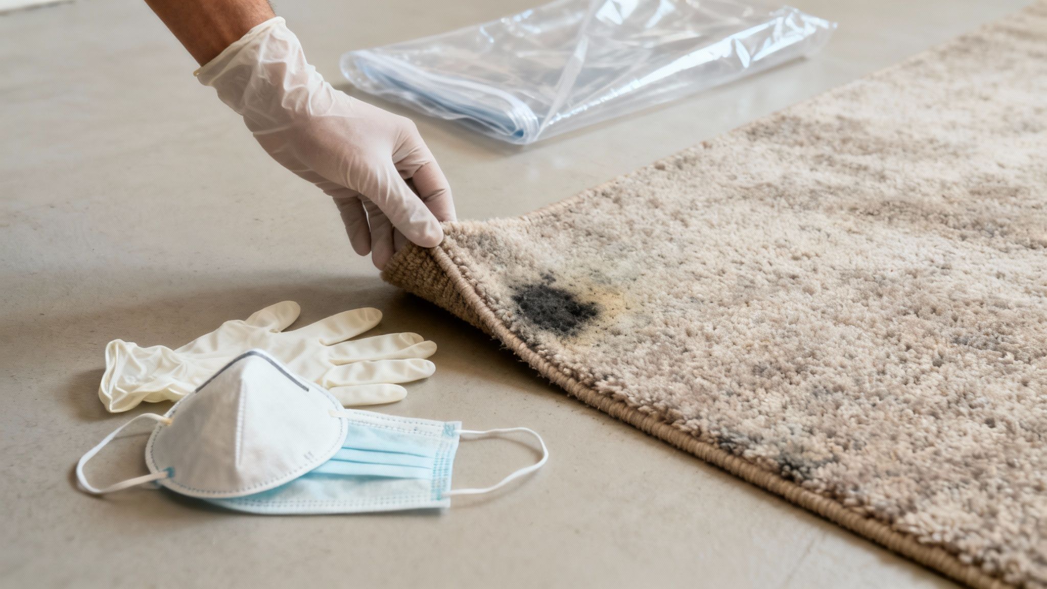 A close-up of dark mould spots on a light-coloured carpet, indicating a moisture problem.