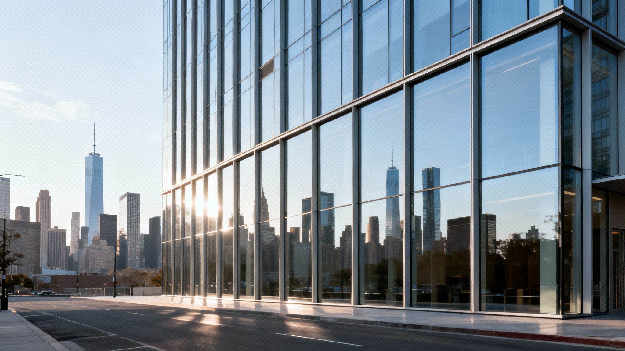A modern glass building reflects a distant city skyline with prominent skyscrapers and morning sun.