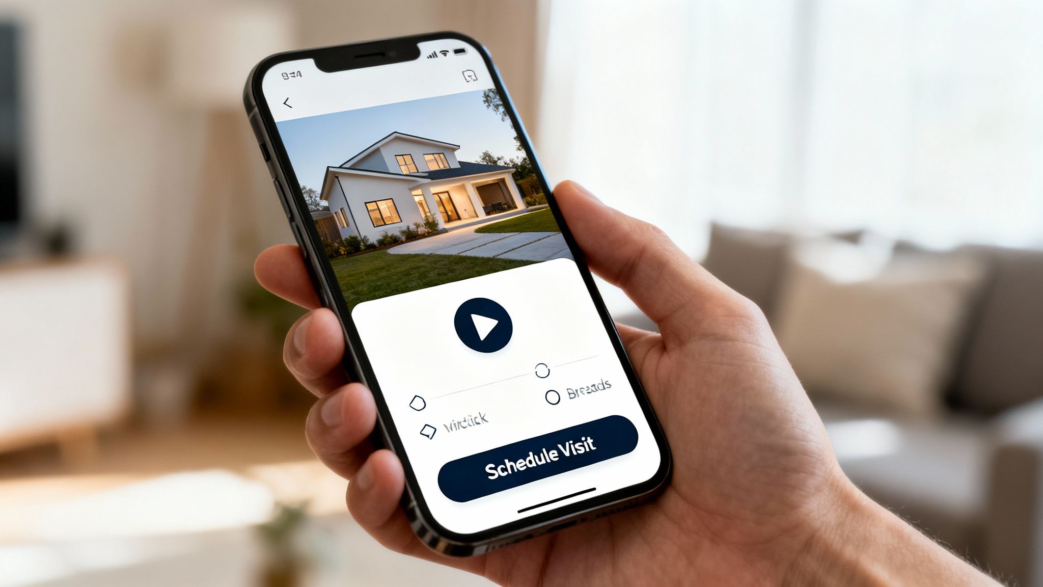 A hand holds a smartphone displaying a real estate app with a modern house and a 'Schedule Visit' button.