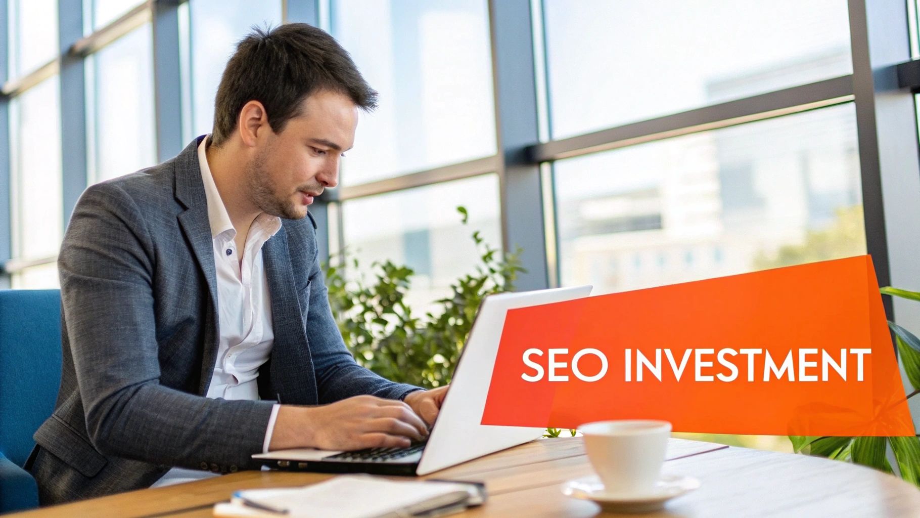 A digital marketing professional analysing search engine optimisation data on a laptop in a modern office.