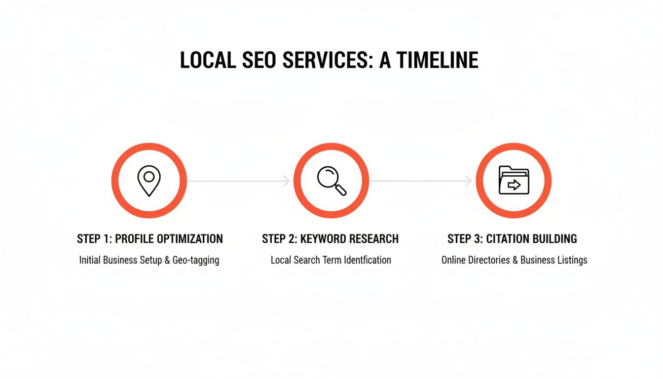 Timeline outlining three steps for local SEO services: profile optimization, keyword research, and citation building.