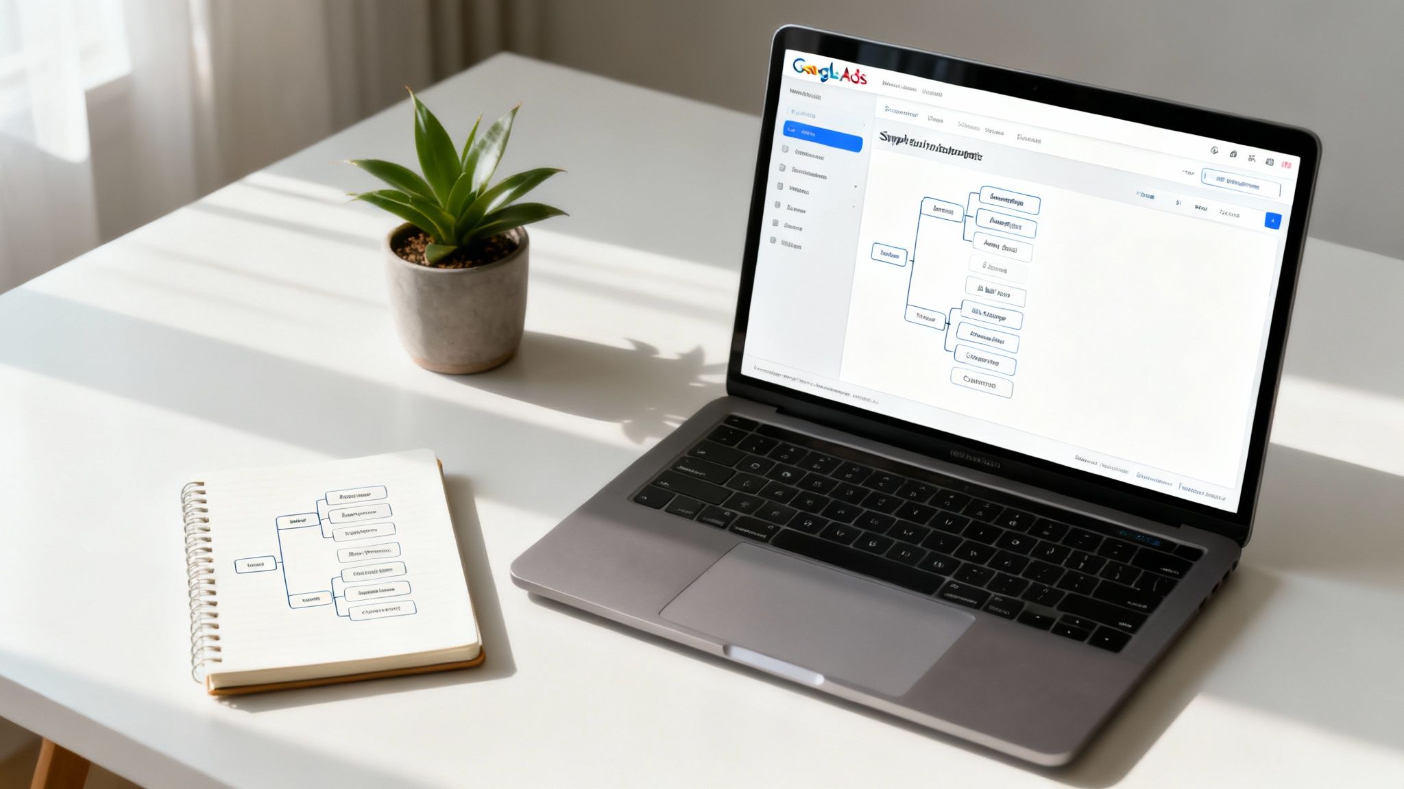 A laptop displaying a Google Ads campaign structure, next to a notebook with a similar planning diagram on a white desk.