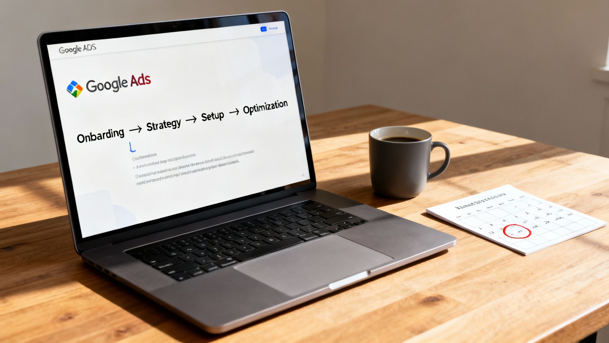 Laptop screen showing Google Ads management process from onboarding to optimization in a bright workspace.