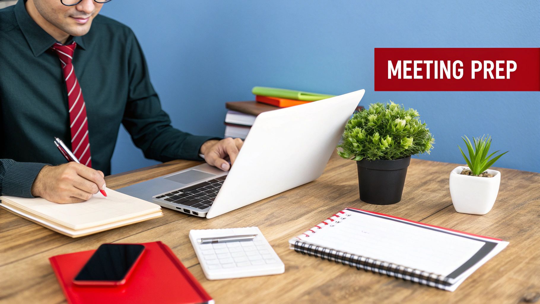 A person at a desk with a notebook, planning out a website design with sticky notes on a wall.