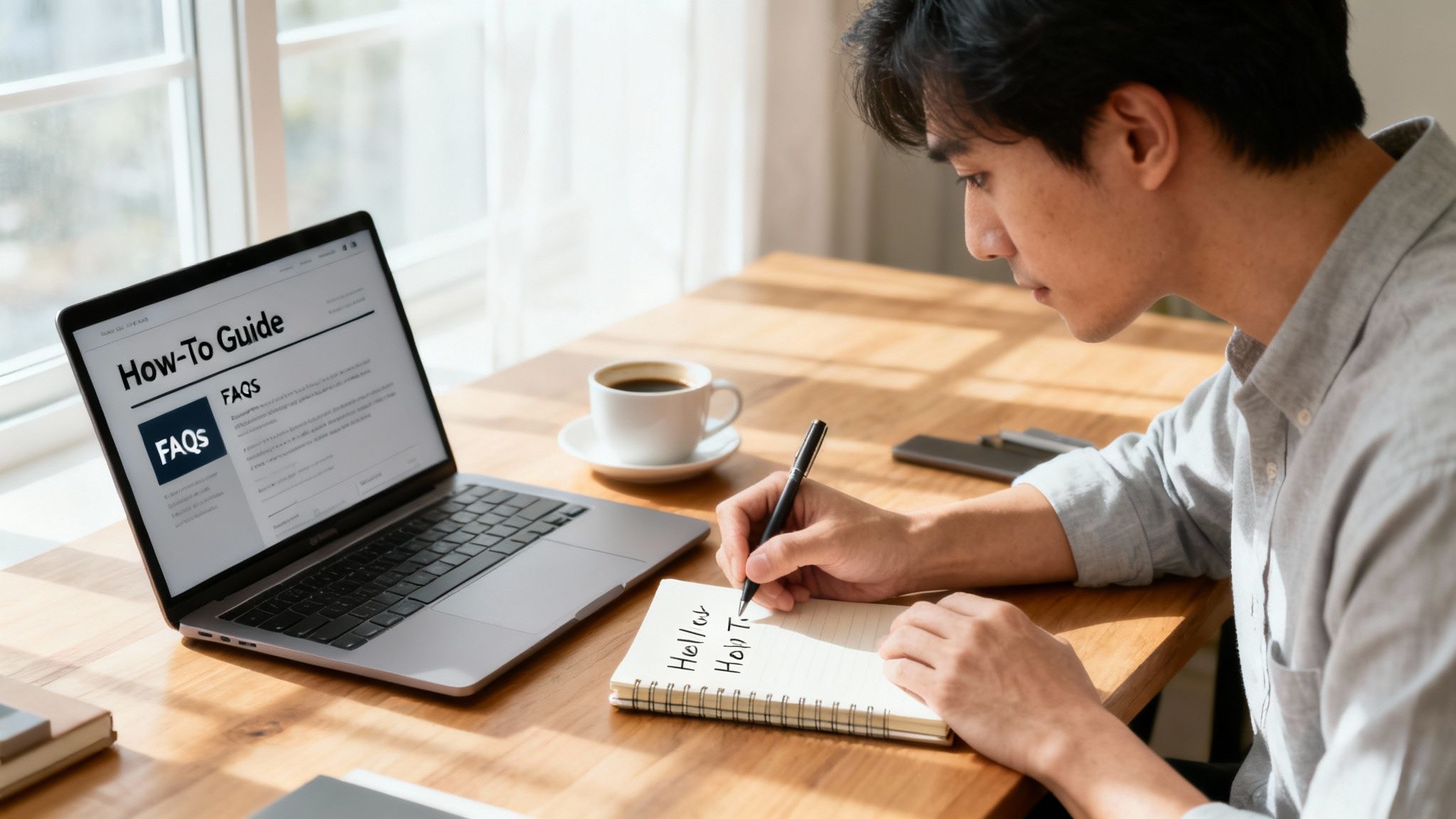 Young man studying how-to guides on a laptop and taking notes in a notebook at a wooden desk.