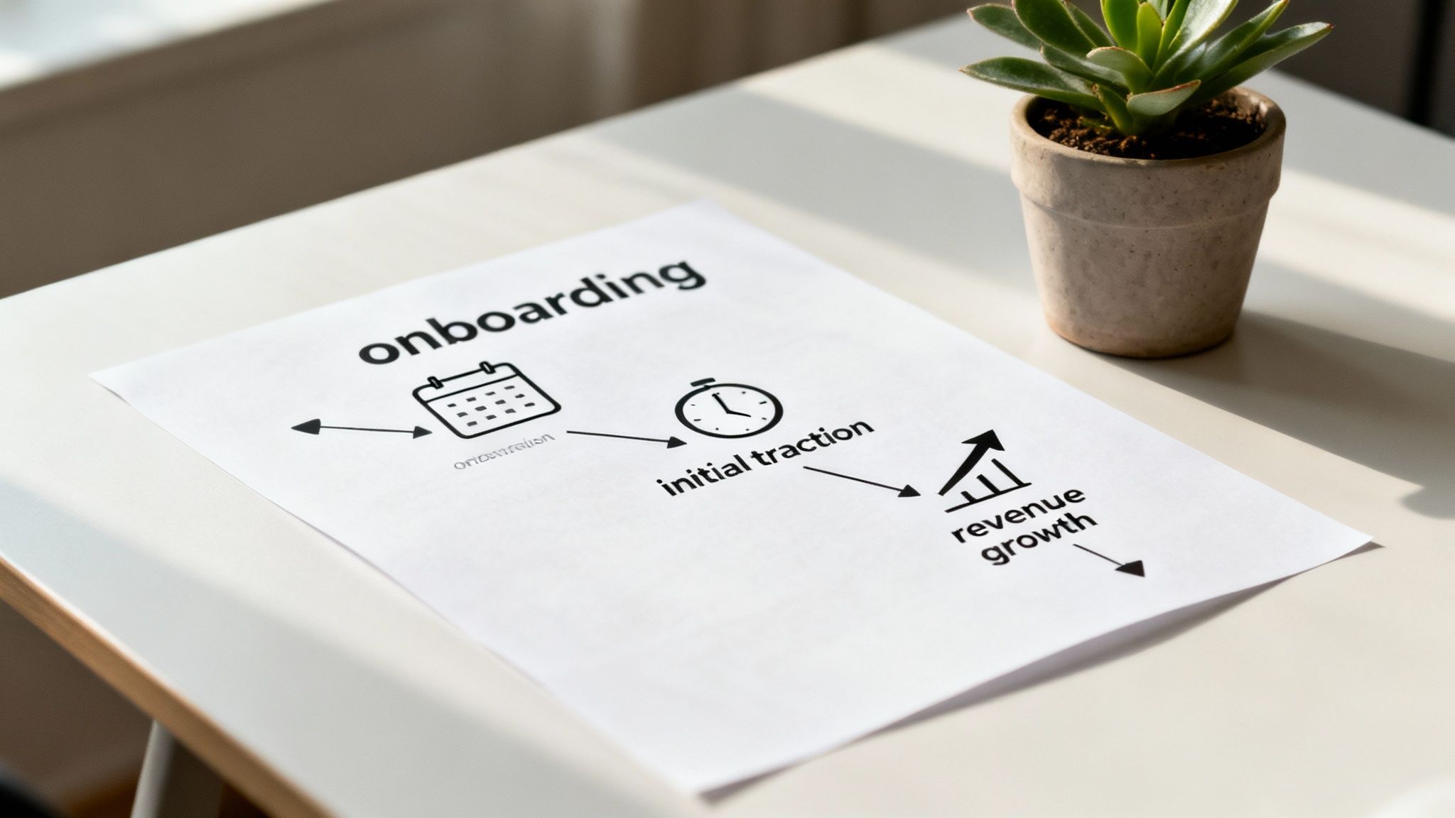 A document on a table outlines an onboarding process with steps for initial traction and revenue growth.