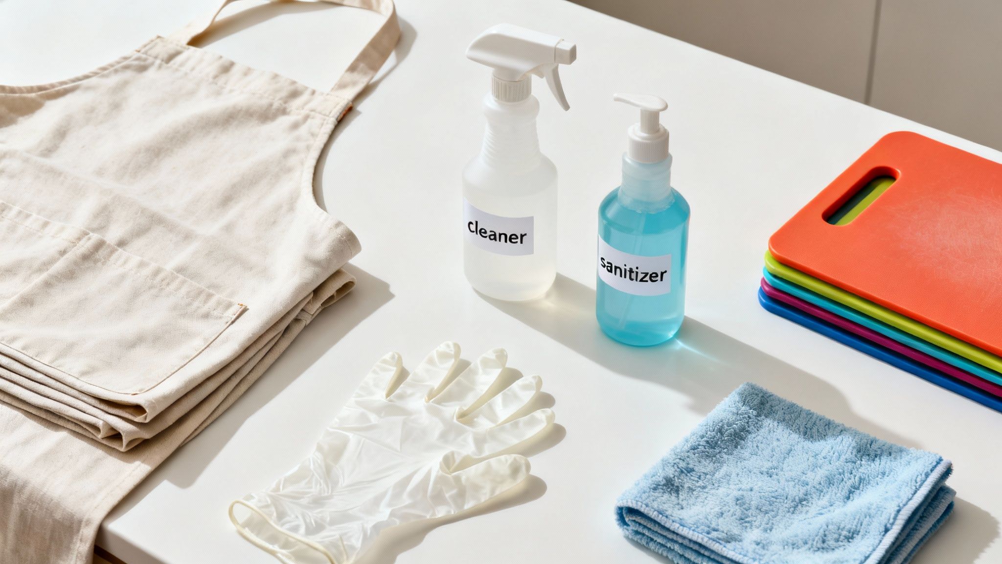 Essential kitchen hygiene items: apron, cleaner, sanitizer, gloves, cloth, and colorful cutting boards.